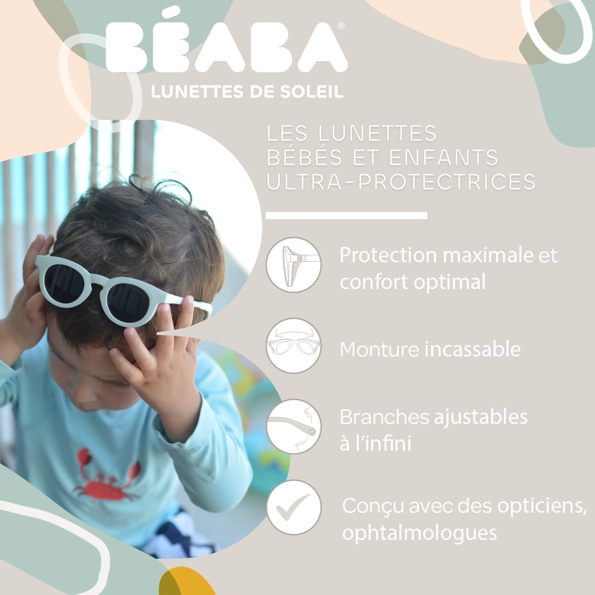 BÉABA, Okulary przeciwsłoneczne dla niemowląt, 9-24 miesięcy, 100% ochrona przed promieniowaniem UV, CAT 3, ochrona boczna, optymalny komfort, regulowane gałązki 360°, dostosowane do wzroku, kolekcja