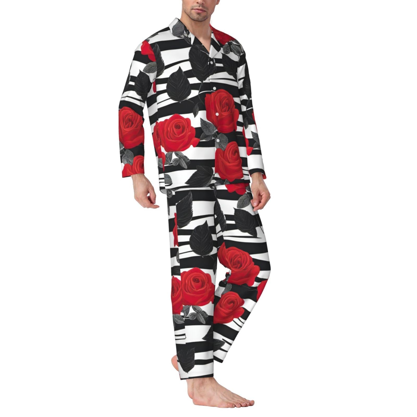 Pigiama a maniche lunghe da uomo con stampa di fiori rossi a righe bianche nere Set pigiama a due pezzi traspirante accogliente Weekend Loungewear