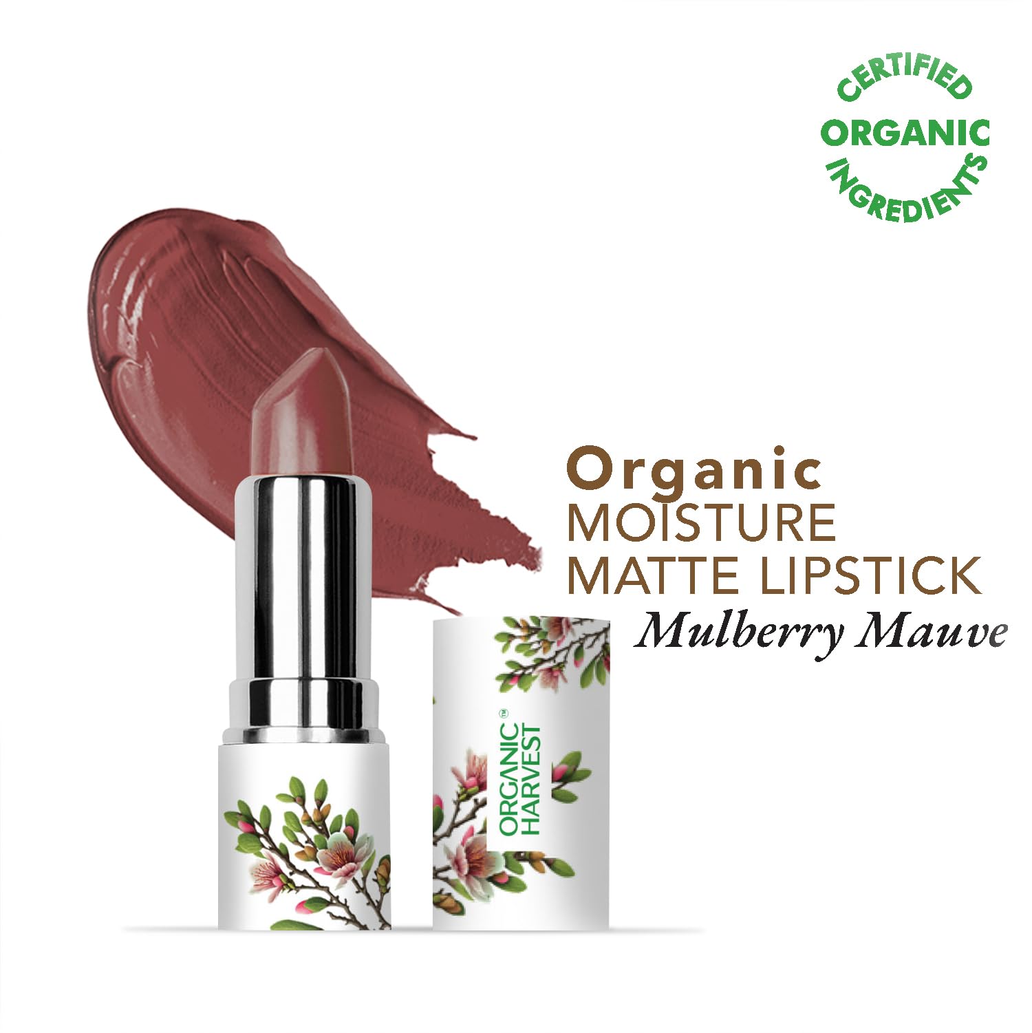 Organic Harvest Moisture Matte Lipstick - Mulberry Mauve, langanhaltender Mauve, cremiger matter Lippenstift, feuchtigkeitsspendende Formel, zertifiziertes Bio-Make-up, tierversuchsfrei und vegan, 4 g