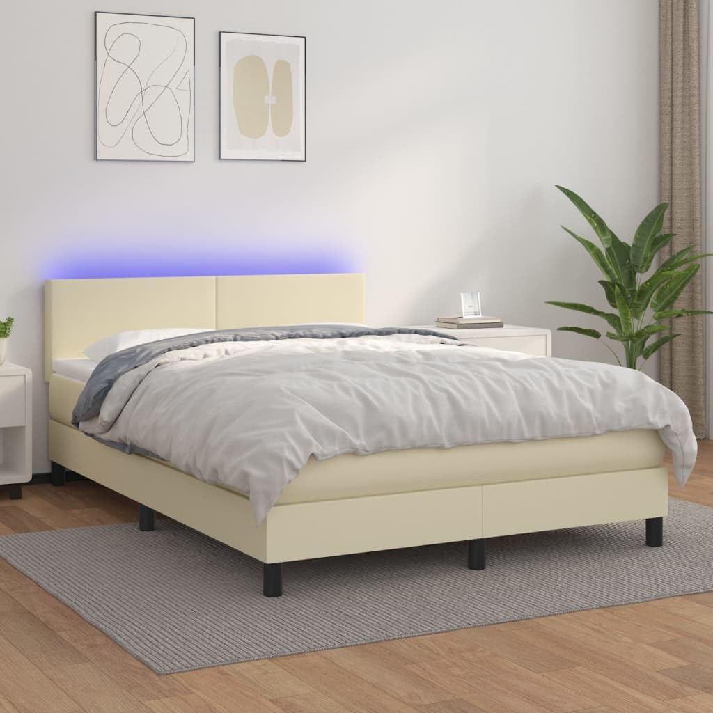 Ekoskóra z regulowanym zagłówkiem kontynentalne z LED kremowy 140x190cm | Łóżko kontynentalne z LED i materacem 140x190 kremowe ekoskóra z zagłówkiem regulowanym do sypialni
