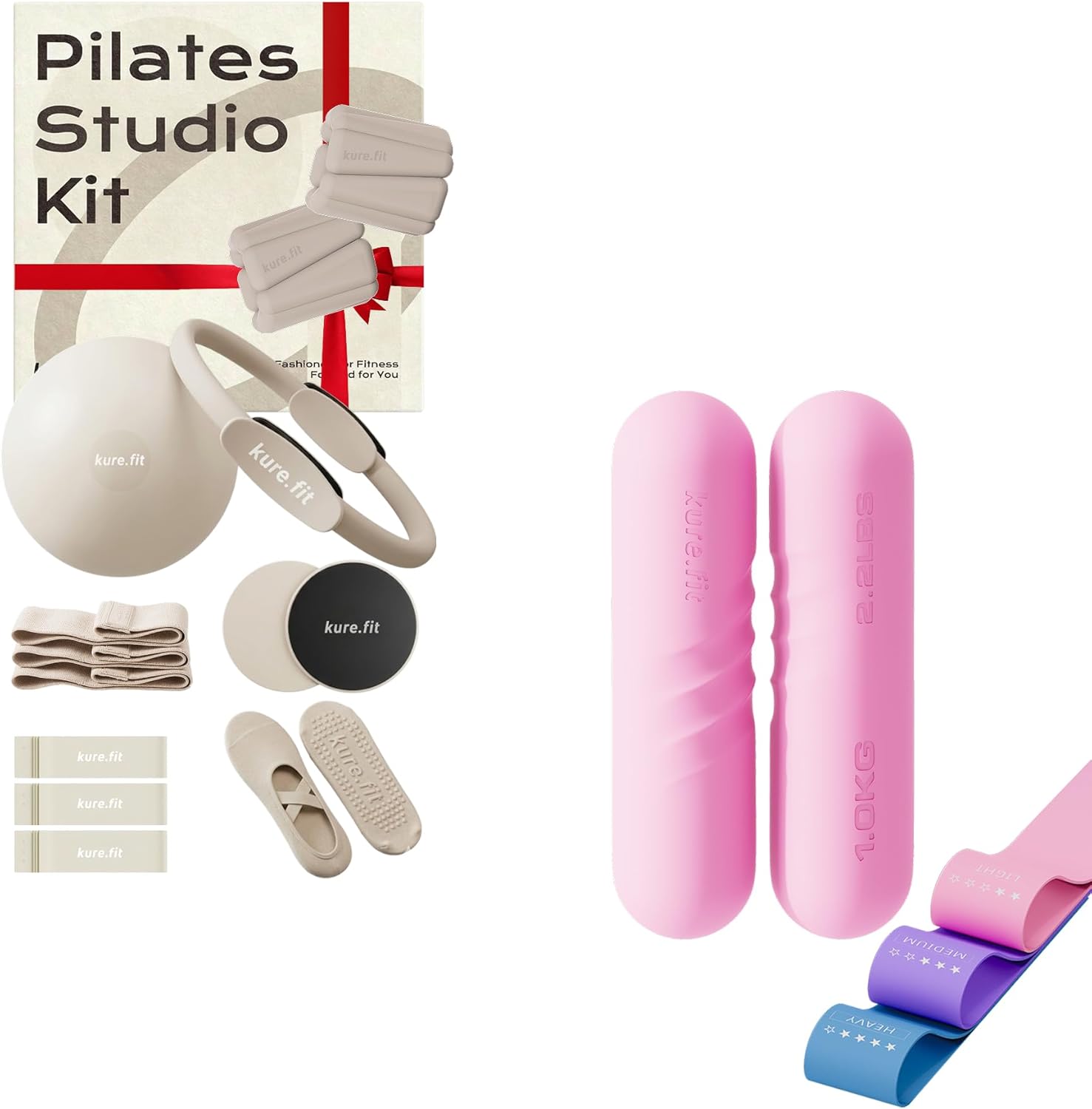 Beige Pilates Studio Kit and Pink 2 x 2.2LB Hand Weights Bundle
