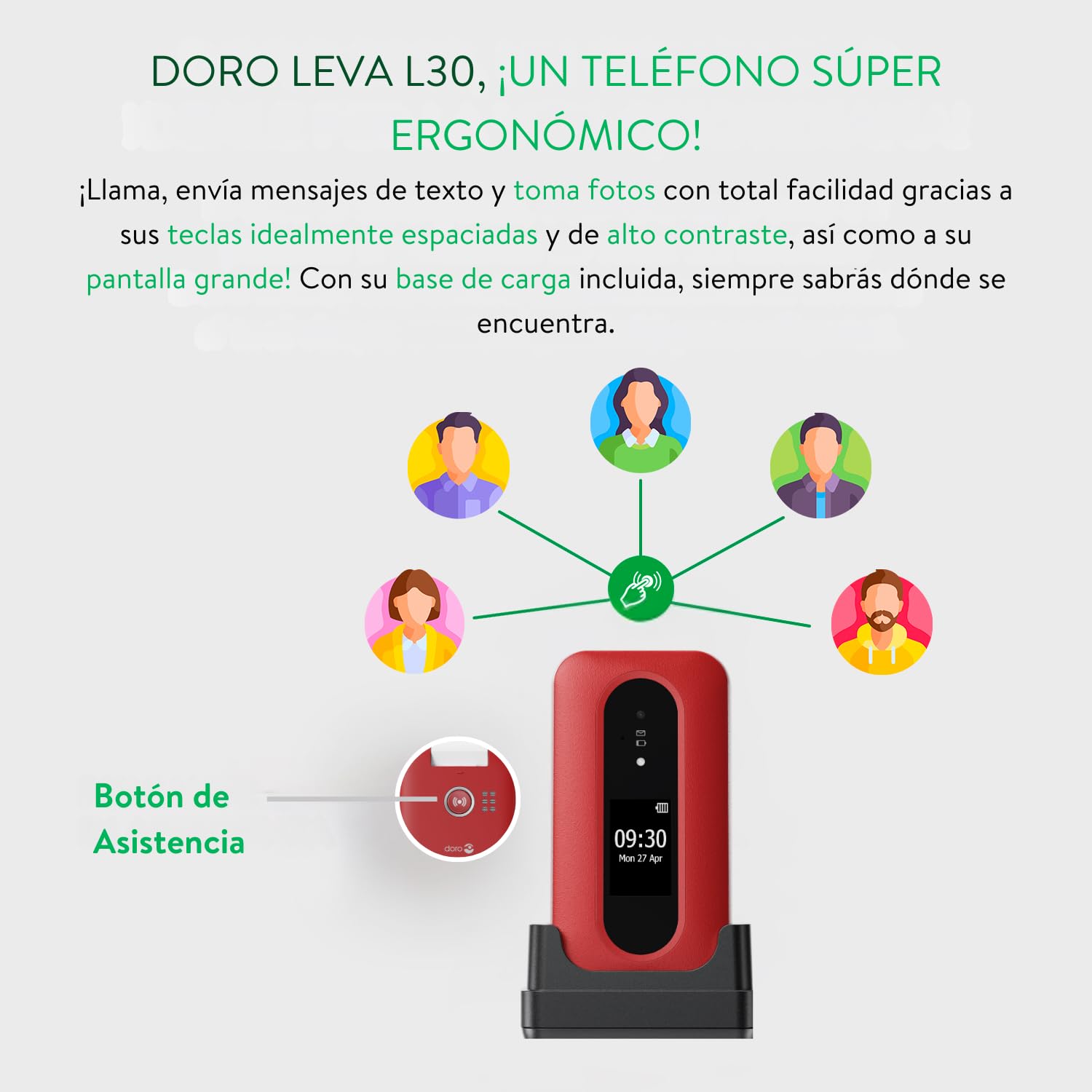 Doro - Leva L30 - Téléphone Portable Senior - Téléphone À Clapet 4G Débloqué - Écran Externe - Son HD - Appareil Photo -Touche d'Assistance Avec GPS - Socle Chargeur Inclus - Rouge/Blanc