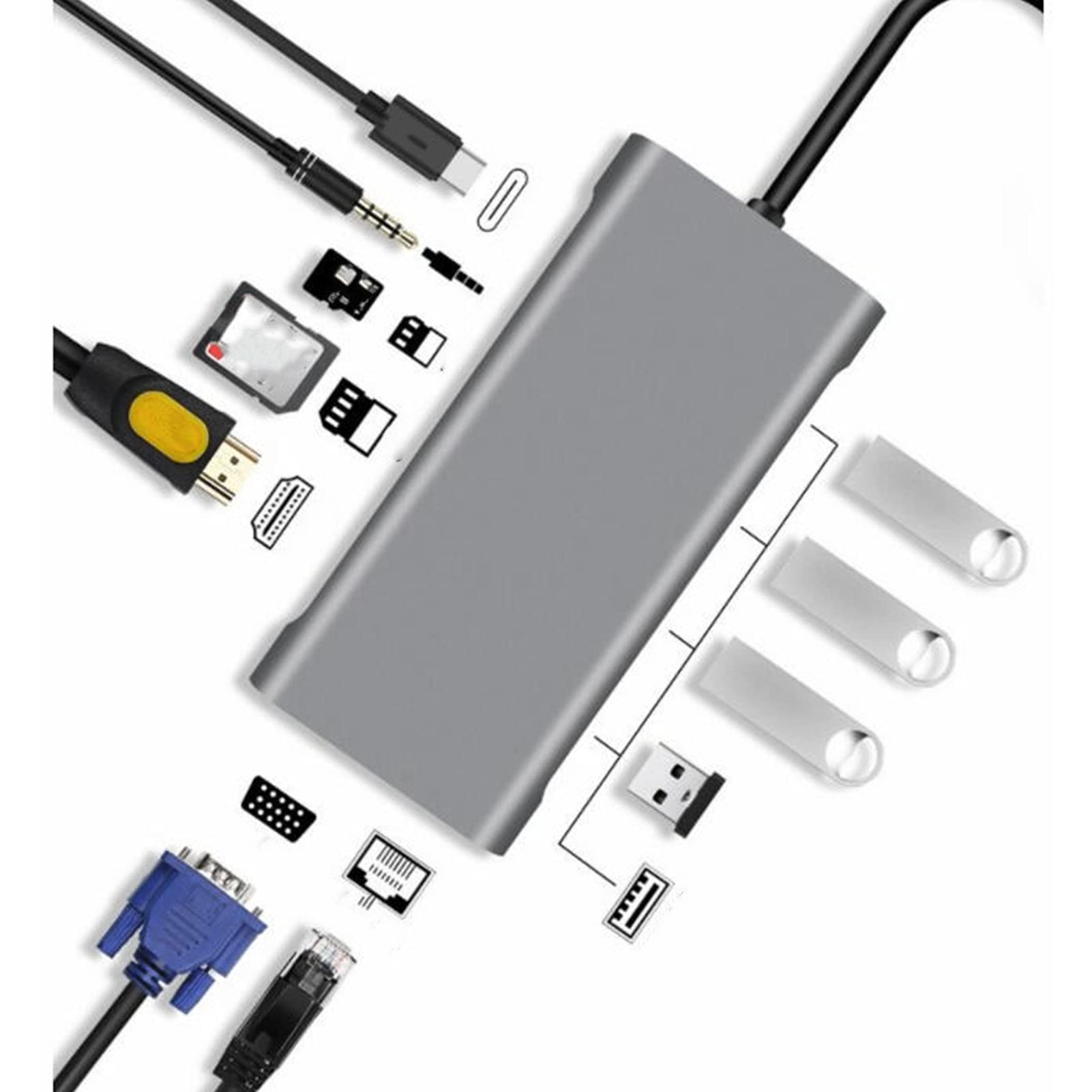 Docking Station per Laptop USB C, Adattatore Multiporta Hub USB C 11 in 1 con HDMI 4K, PD da 87 W, Ethernet 100 Mbps, USB 3.0 da 5 Gbps, 3 USB 2.0, SD/TF, AUX da 3,5 Mm, per