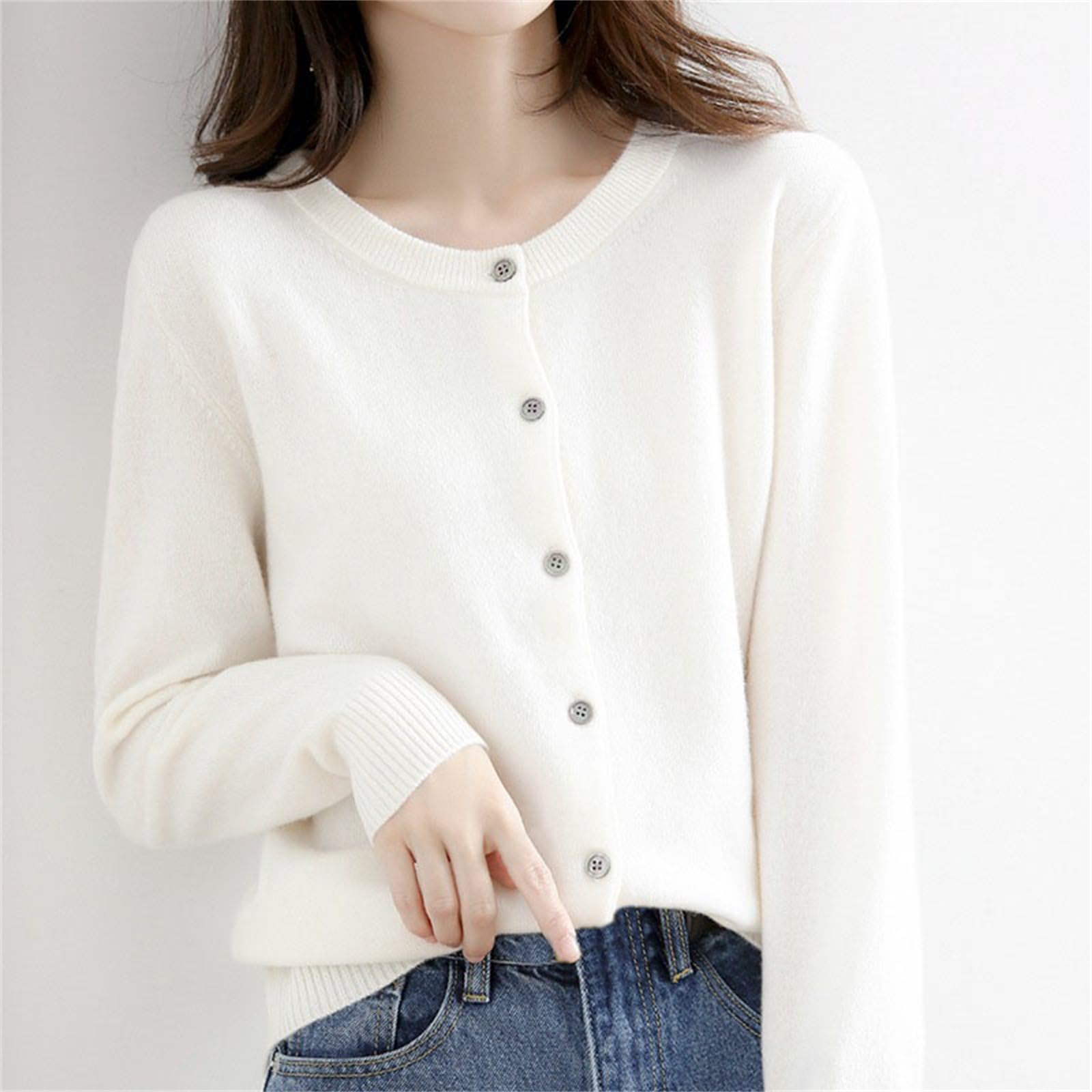 Cárdigan de punto para mujer, manga larga, cuello redondo, suéter de punto para primavera, chaqueta de entretiempo, monocolor, manga larga, sin costuras, ligero bolero con botones, elegante cárdigan