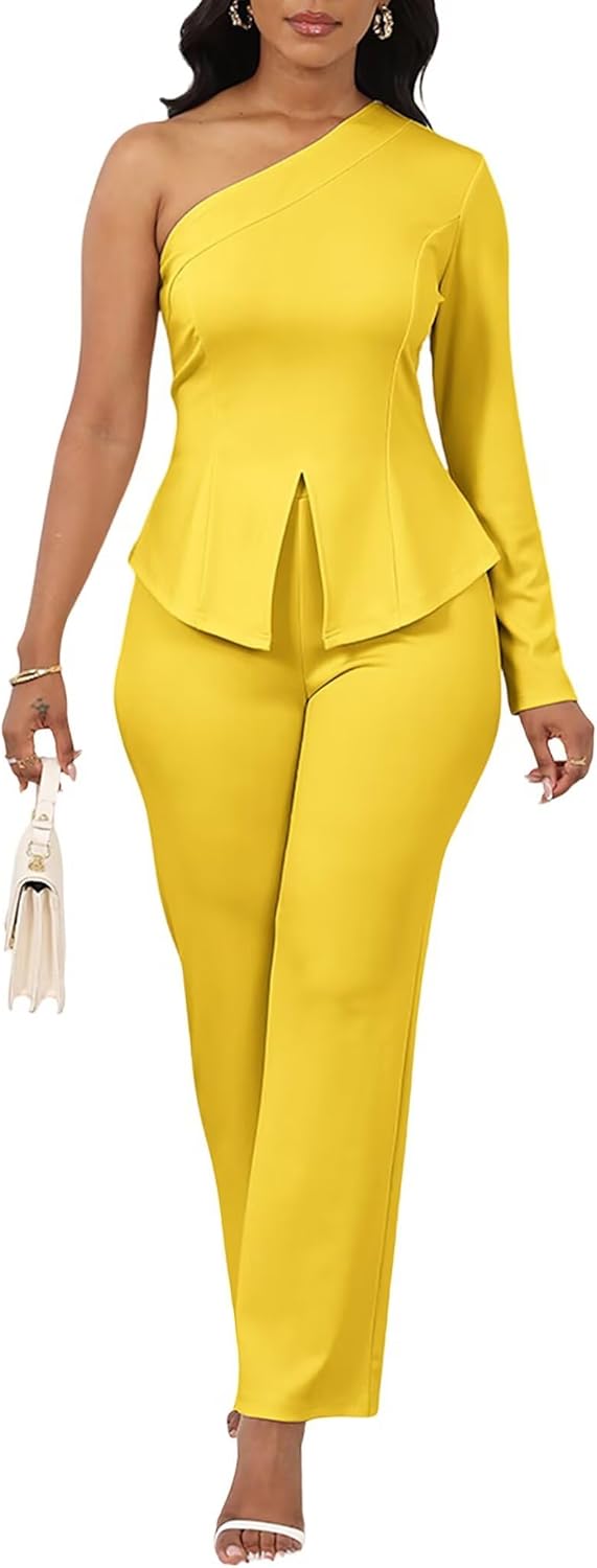 Aro Lora Womens Sexy 2 Piece Outfits One Shoulder Long Sleeve Slit Top and Pant Set Dressy Pantsuits - Image 2
