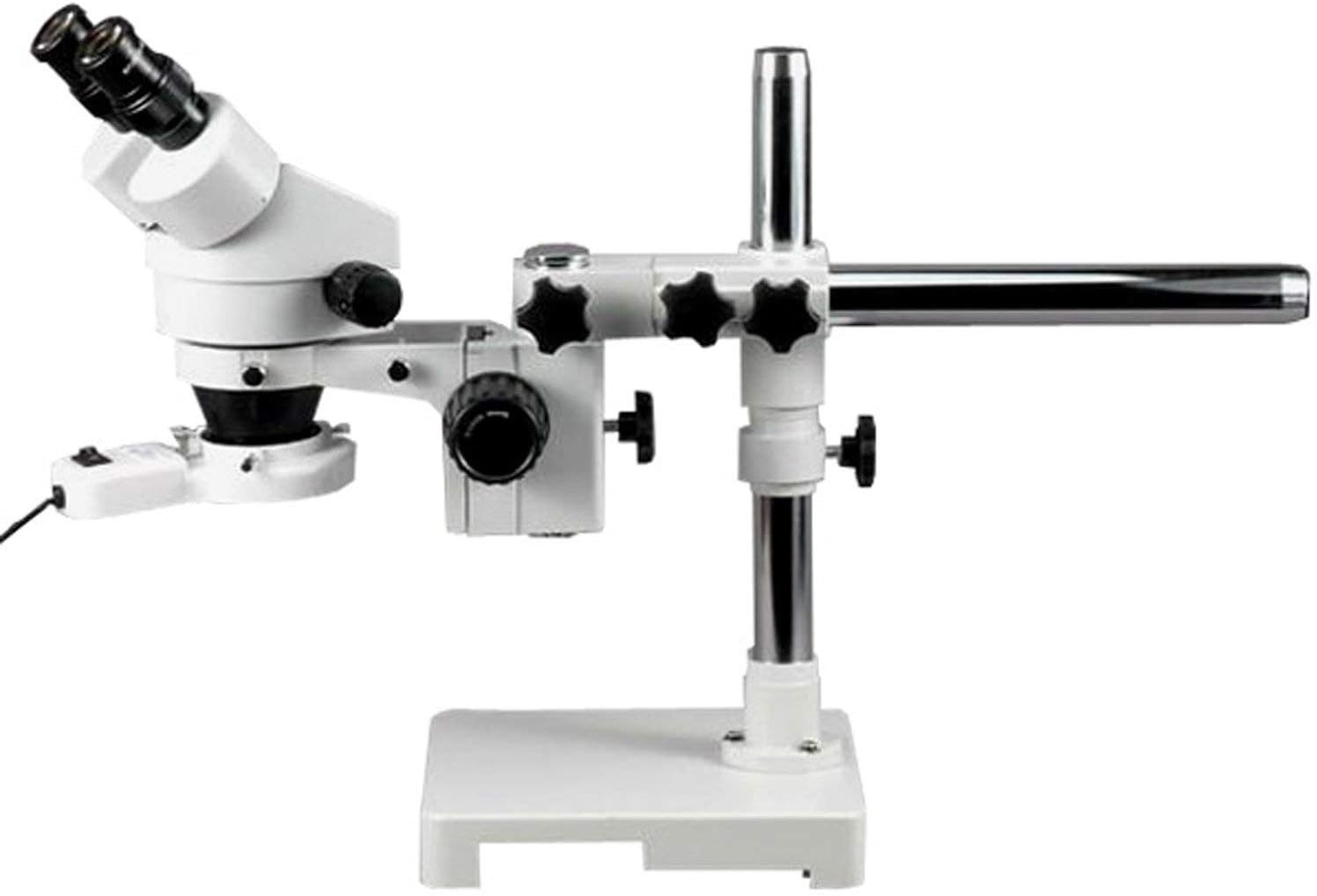 AmScope SM-3B-FRL Professional Binocular Stereo Zoom Microscope, WH10x Eyepieces, 7X-45X Magnification, 0.7X-4.5X Zoom Objective, 8W Fluorescent Ring Light, Single-Arm Boom Stand, 110V-120V