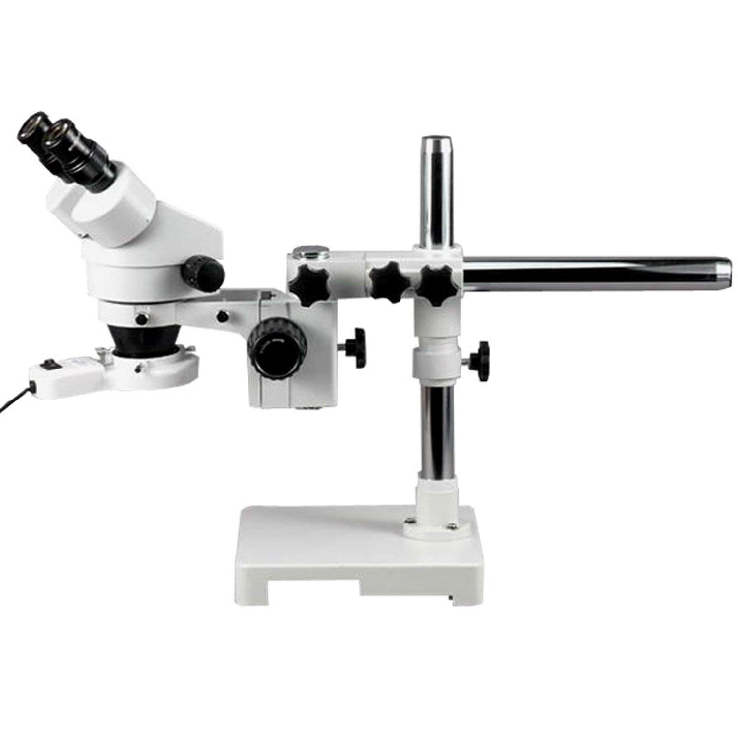AmScope SM-3BZ-FRL Professional Binocular Stereo Zoom Microscope, WH10x Eyepieces, 3.5X-90X Magnification, 0.7X-4.5X Zoom Objective, 8W Fluorescent Ring Light, Single-Arm Boom Stand, 110V-120V, Includes 0.5x and 2.0x Barlow Lens
