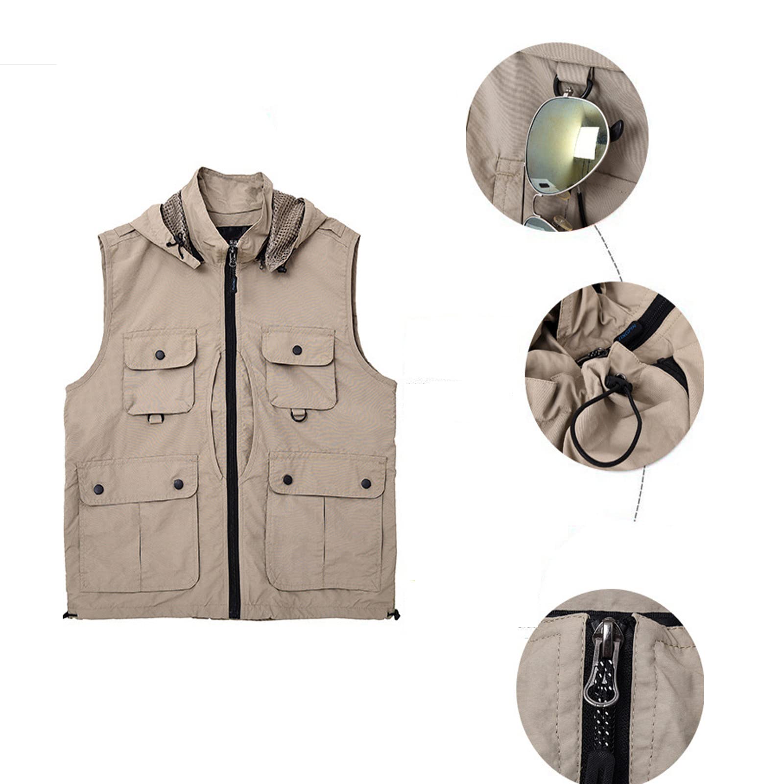 Chaleco de los hombres con múltiples bolsillos chaleco con capucha al aire libre suelto casual malla transpirable chaqueta de trabajo chaleco de pesca abrigo fotografía viaje Top negro-XL