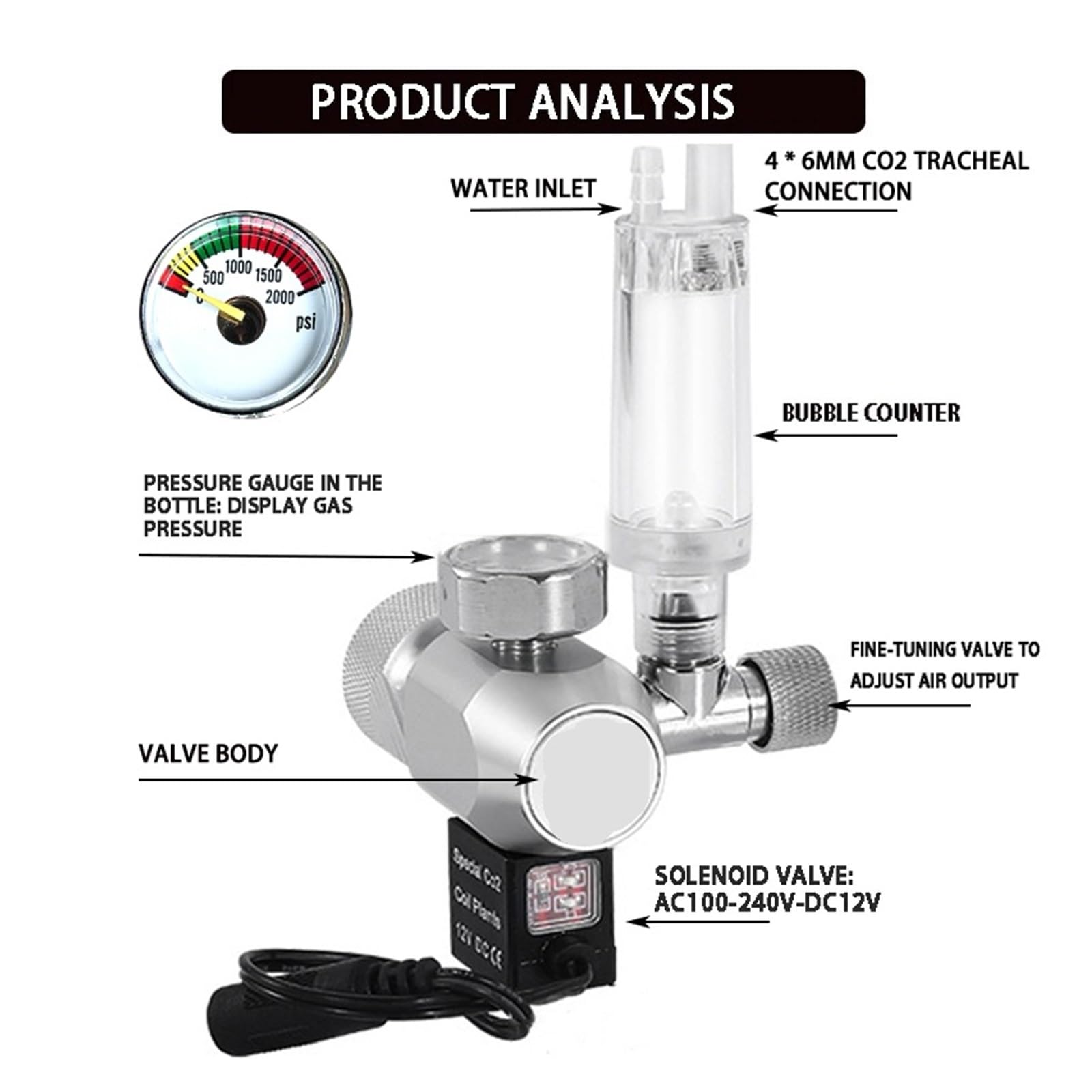 Válvula Reductora de CO2 for pecera, válvula solenoide, regulador Control Cilindro Gas for Acuario(G3-4)