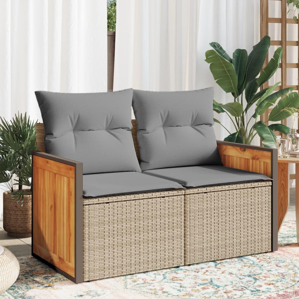 Divano da Giardino 2 Posti in Rattan PE Beige con Cuscini | Panchina da esterno modulare con contenitore salvaspazio e cuscini imbottiti per terrazzo o giardino.