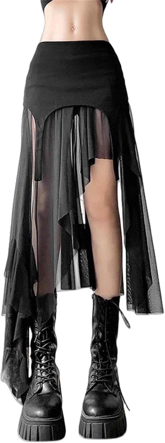 win2win Punk Sheer Mesh Skirt for Women - High Low Low Rise Gothic Hippie Witch, Ballroom, Cheer
