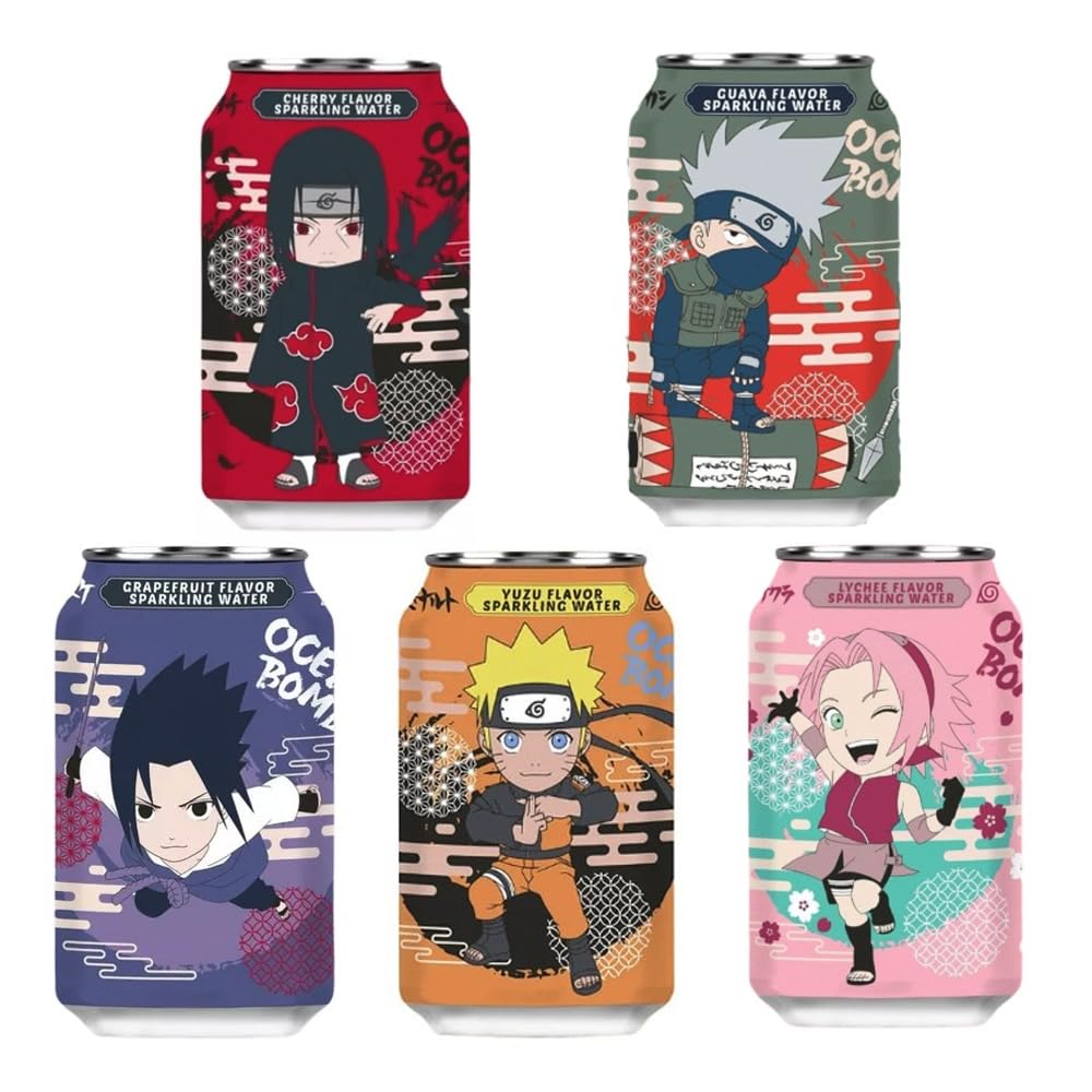 Ocean Bomb Sparkling Water Set – 5 Assorted Flavors 330ml – Anime-Themed Drinks Featuring Naruto Characters
