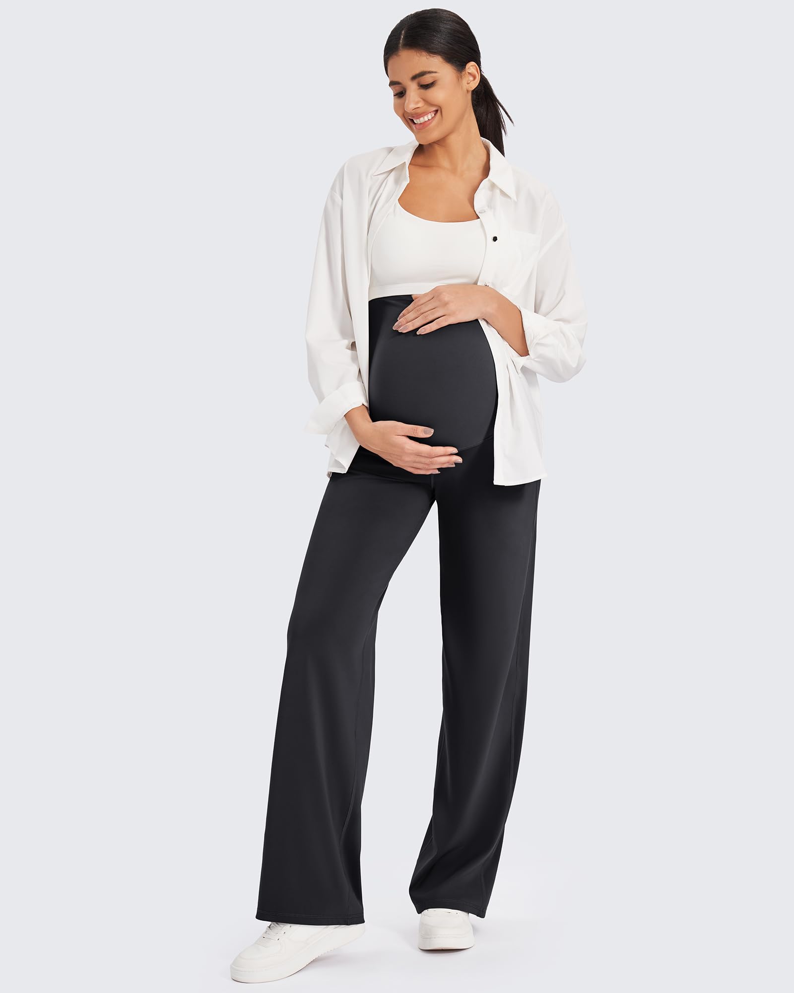 G4Free Maternity Trousers Over Bump Stretchy Pregnancy Yoga Pants Lounge Wide Leg Dress Work Trousers with Pockets Petite/Regular/Tall - 5