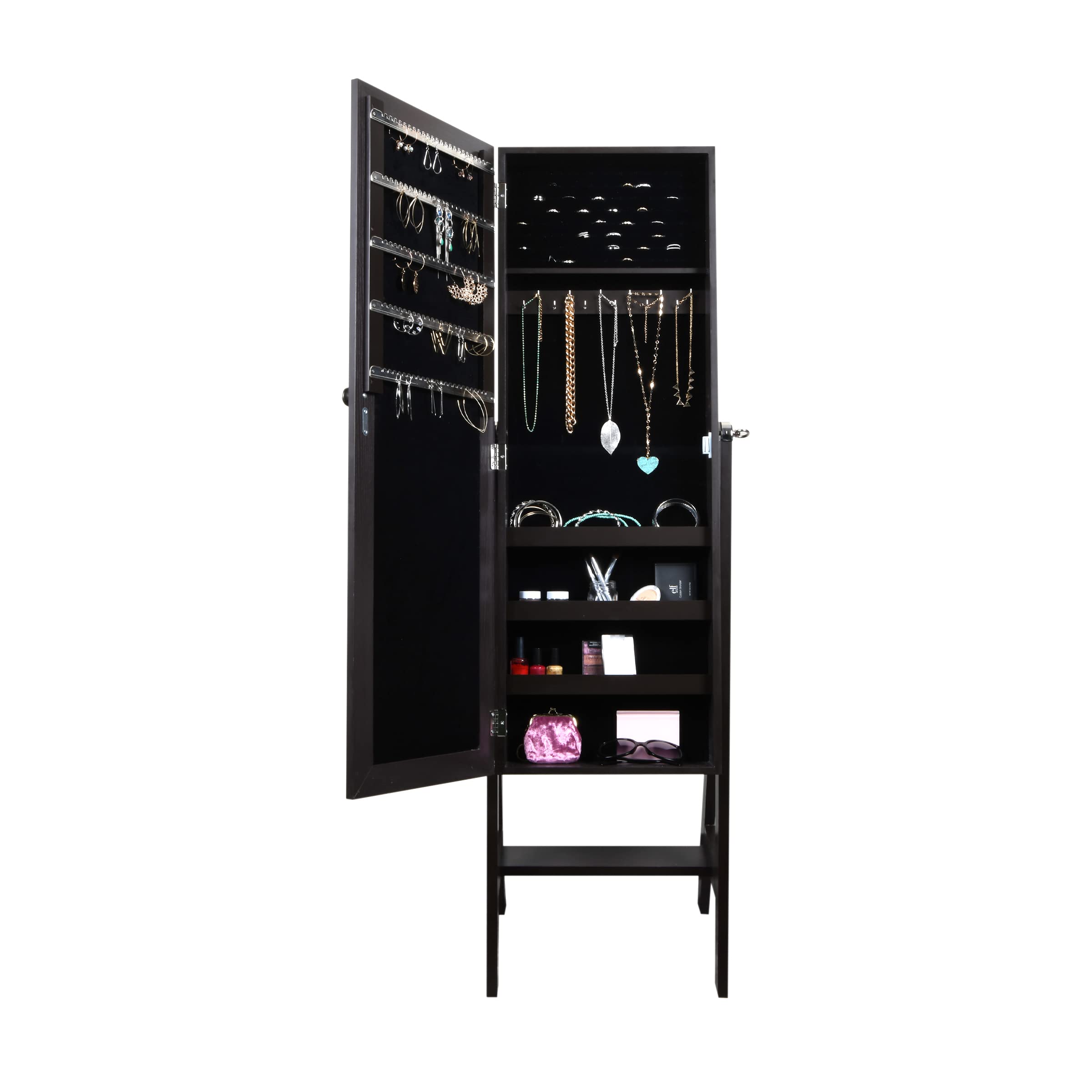 Prinz Mirror Jewelry Cabinet, Jewelry Organizer Armoire for Bedroom, Wall or Door Mounted, Floor Standing with Full-Length Mirror, Necklace Organizer, 3 Interior Shelves, Hooks, Dark Brown