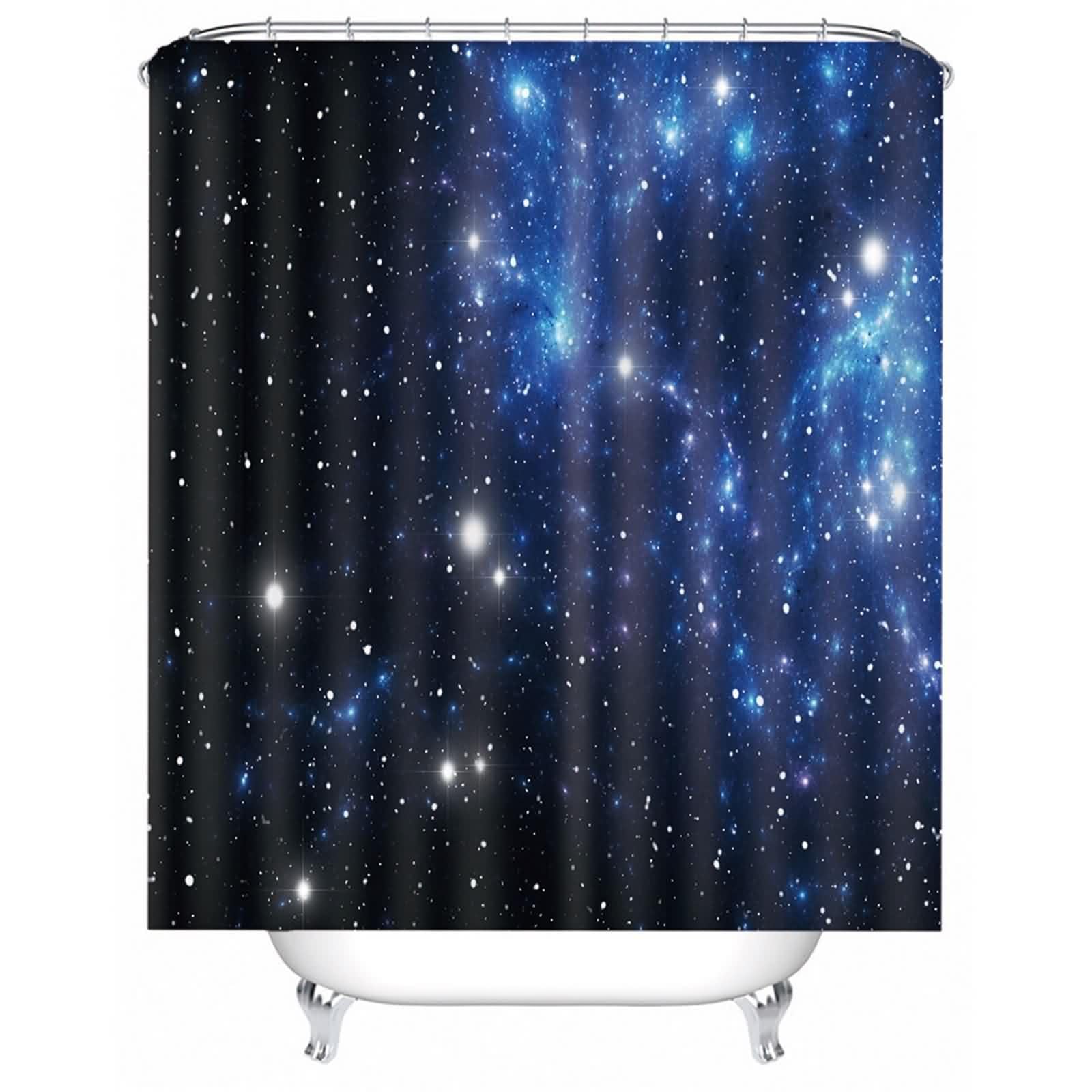 Rideau de douche galaxie haut de gamme en polyester bleu et noir au motif ciel étoilé précis