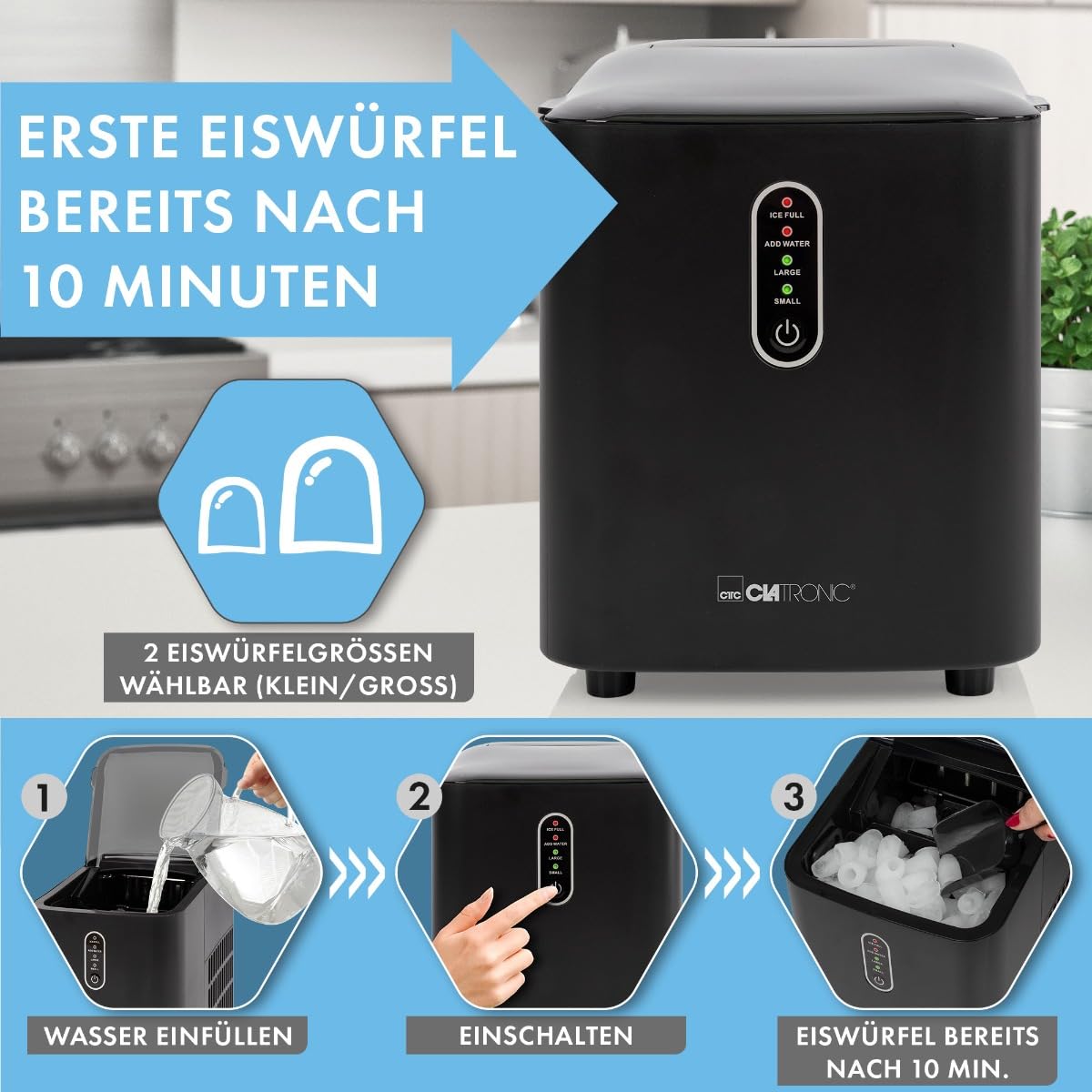 Clatronic® Eiswürfelmaschine schnelle Produktion - Eiswürfel in 10 Minuten | bis zu 10kg Eis in 24 Std. | Eiswürfel Maschine mit 2 Eiswürfelgrößen & 1,1L Wassertank | inkl. Eis-Schaufel | EWB 3798