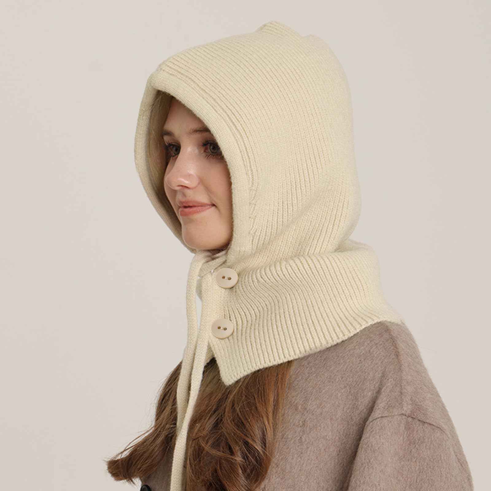 JSTHHTT Gorro de Punto Invierno Mujeres, Caliente Capucha Bufanda para Esquí Ciclismo, Mujeres Pasamontañas de Punto Beanie, para Al Aire Libre (Blanquecino)