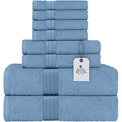 DAN RIVER Handtuch-Set, 100 % ringgesponnene Baumwolle, 8-teilig, mittelblau, 2 Badetücher, 2 Handtücher und 4 Waschlappen, 550 g/m² – weiche, saugfähige Baumwolltücher für Badezimmer, Spa und