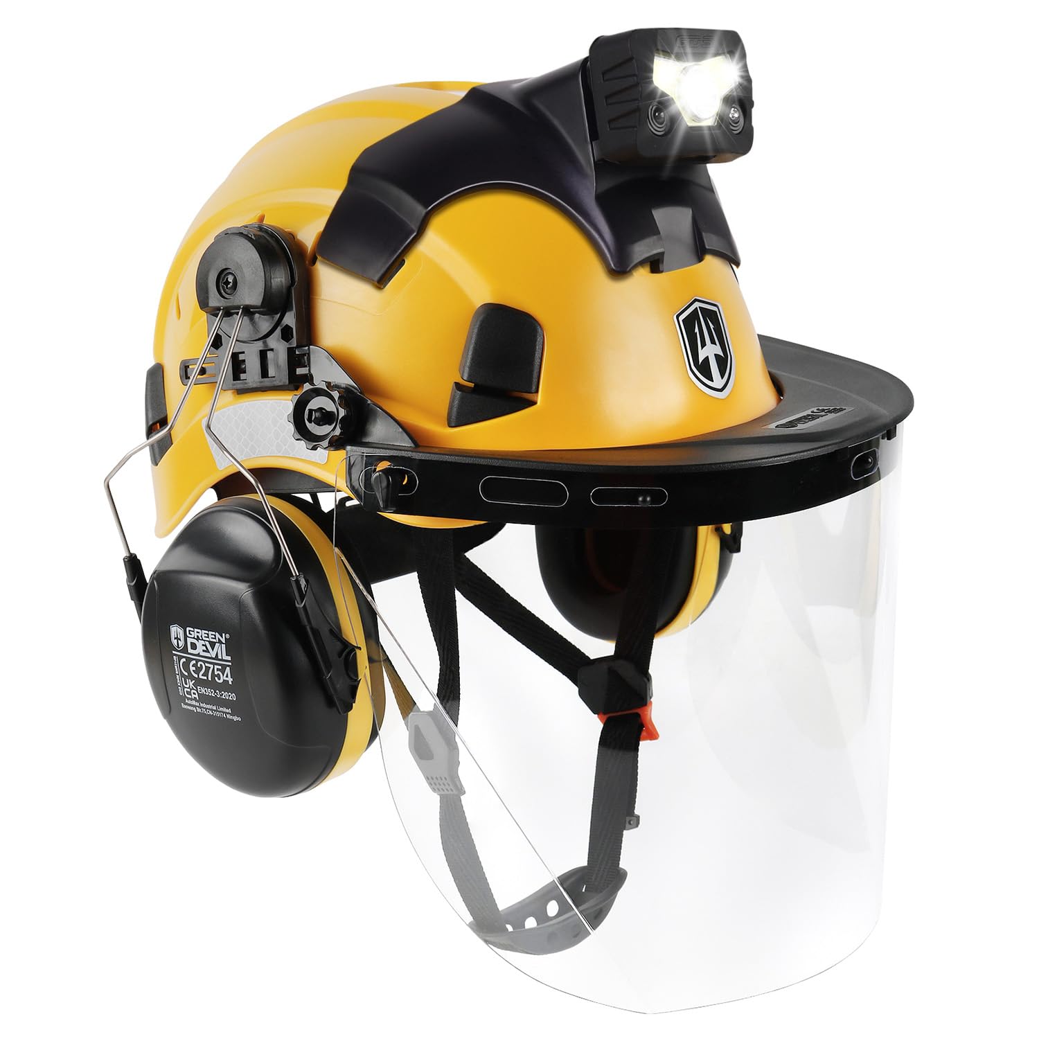 GREEN DEVIL 3-in-1 Kettensägen-Schutzhelm Set - Forsthelm mit Gehörschutz SNR 31dB & Klares Polycarbonat-Visier + Spezielle Helmleuchte mit Bewegungssensor