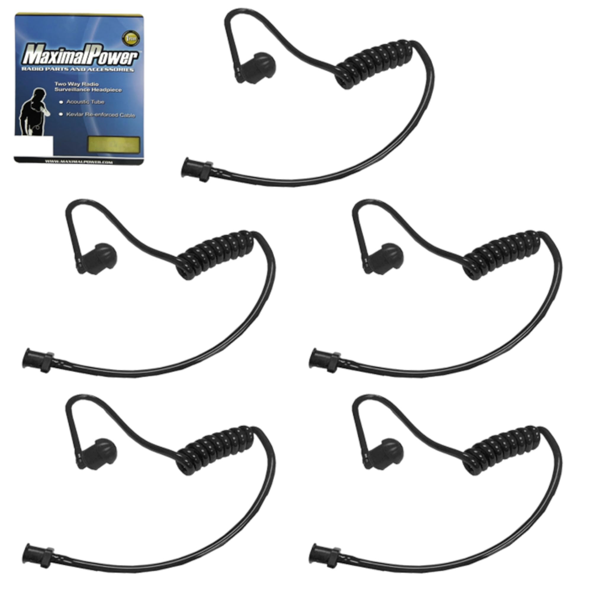 MaximalPower Twist On Replacement Black Coiled Acoustic Tube for Two-Way Radio Surveillance and Listen Only Earpiece (5 Pack)