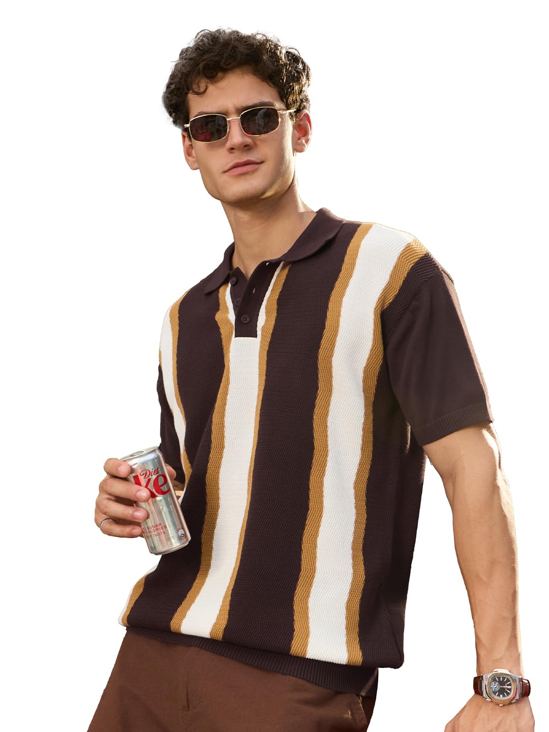 the souled store Jacquard Polo Chestnut Men and Boys Short Sleeve Spread Collar Dark Brown Jacquard Knit Vertical Stripe Pattern Cotton Regular Fit Casual Everyday Polo Shirts-picture-20