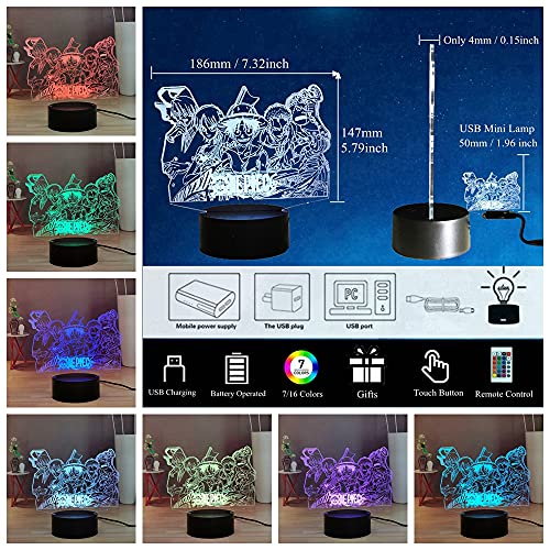 Laysinly Anime 3D Led Night Light, Luffy Sanji Zoro Ace Nami 16 Colors Desk Lamp, Touch Remote Bedroom Night Light, Birthday Festival Present For Kids Teen #TOP2
