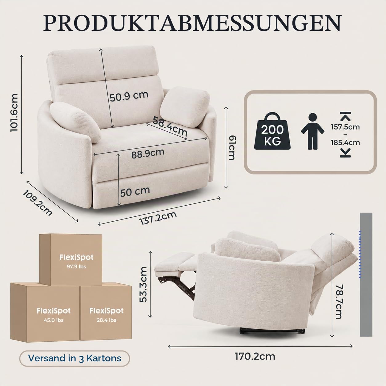 FLEXISPOT Mochi Pro Zero-Wall XXL Elektrischer Relaxsessel, 1,5-Sitzer mit 90 cm Sitzbreite, Fernsehsessel für Große & Schwere, Heimkino Sofa mit Klemmschutz, USB/Typ-C, Chenille Beige