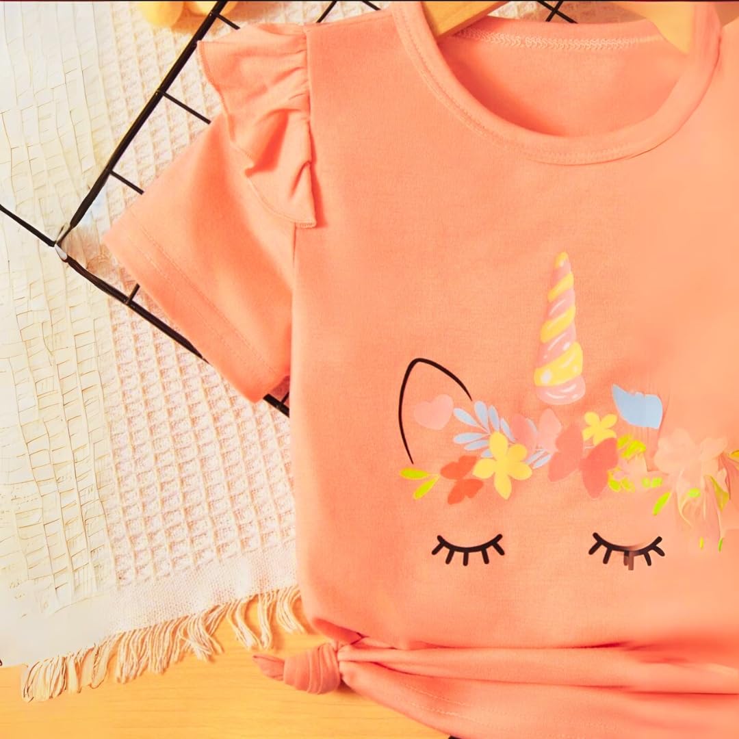 Fommy Baby Products - Baby Girl Dress with Unicorn Print Ruffle Trim Tee, Bow Front Shorts - T Shirt and Baby Clothes Set - Ideal Kids Clothes Girls (18-24 Month, Peach) 4