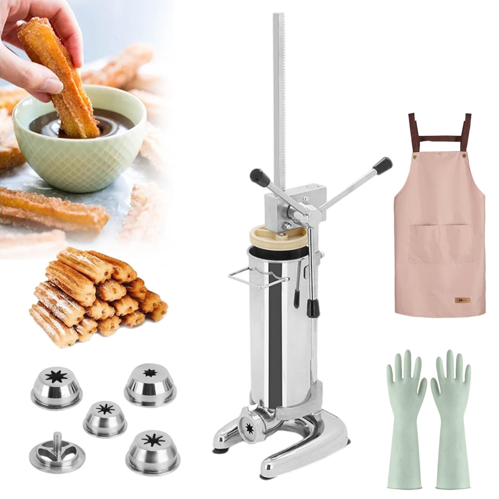 Stainless Steel Dessert Donuts Filler,Manual Churro Maker,with 4 Pairs of Gloves &amp; 5 Molds &amp; 1pcs Apron,Stainless Steel Material,Vertical Use,for Business/Family Use,2L