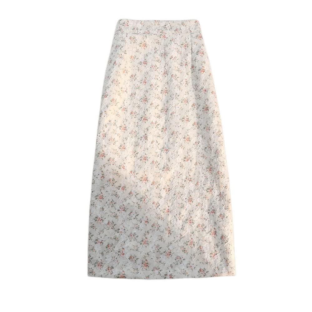 Gonne,Gonna Midi da Donna Elastica Bianca Vita Alta Gonna Floreale in Pizzo retrò Boho Spacco con Cerniera Gonne Lunghe Eleganti A-Line Increspate per Ragazze Signore,L