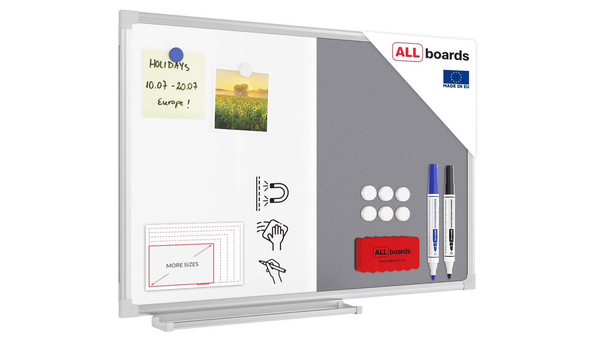 ALLboards Kombitafel 2 in 1 Magnettafel & Grau Filz-Pinnwand mit Aluminiumrahmen 60x40cm, Textiltafel Whiteboard