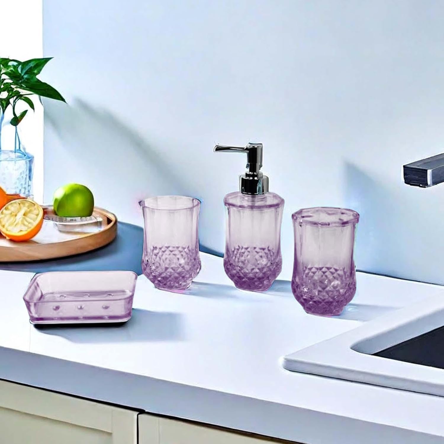 Soap Dispenser, Toothbrush Holder,Storage Case, Portable Mouthwash Cup Soap Dish for Vanity Countertop Hotel Bathroom Decor, Purple