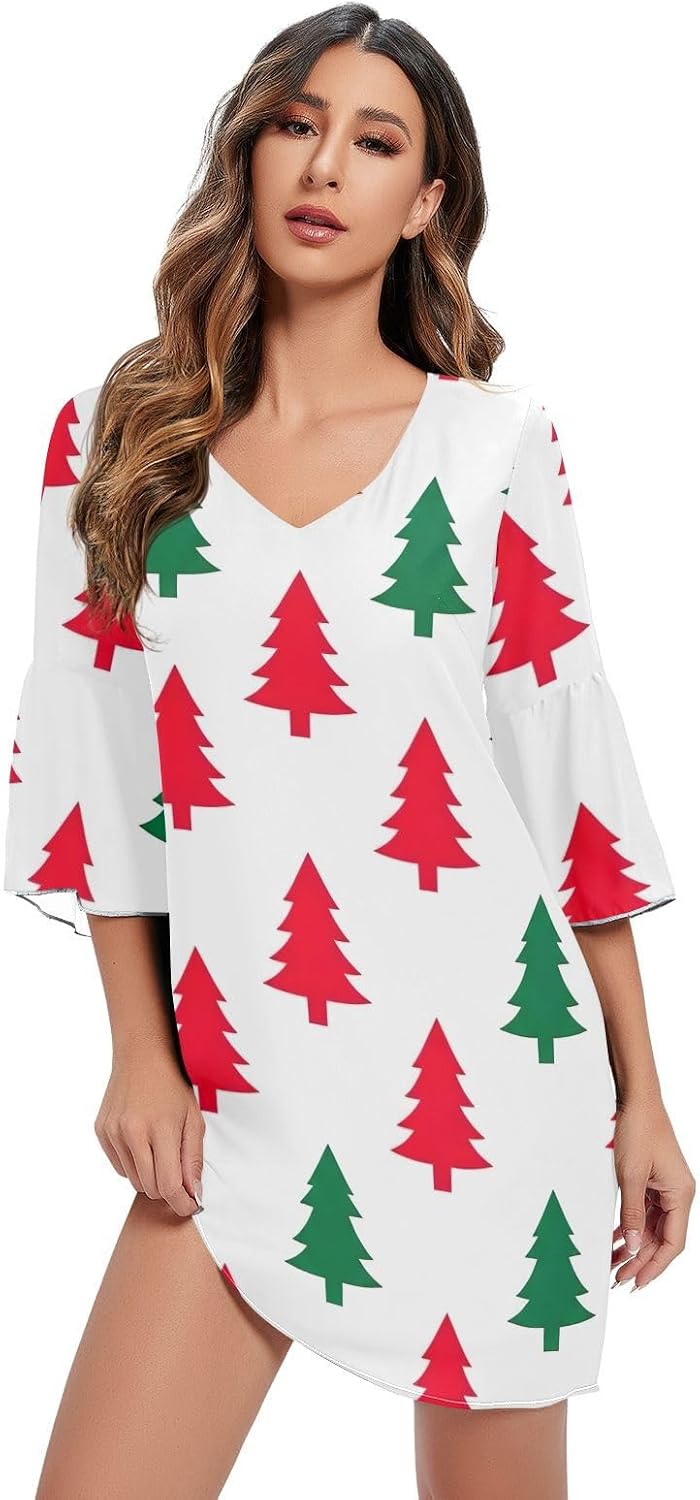 Cute Christmas Trees White Casual V Neck Dress Printed Line Maternity Dress