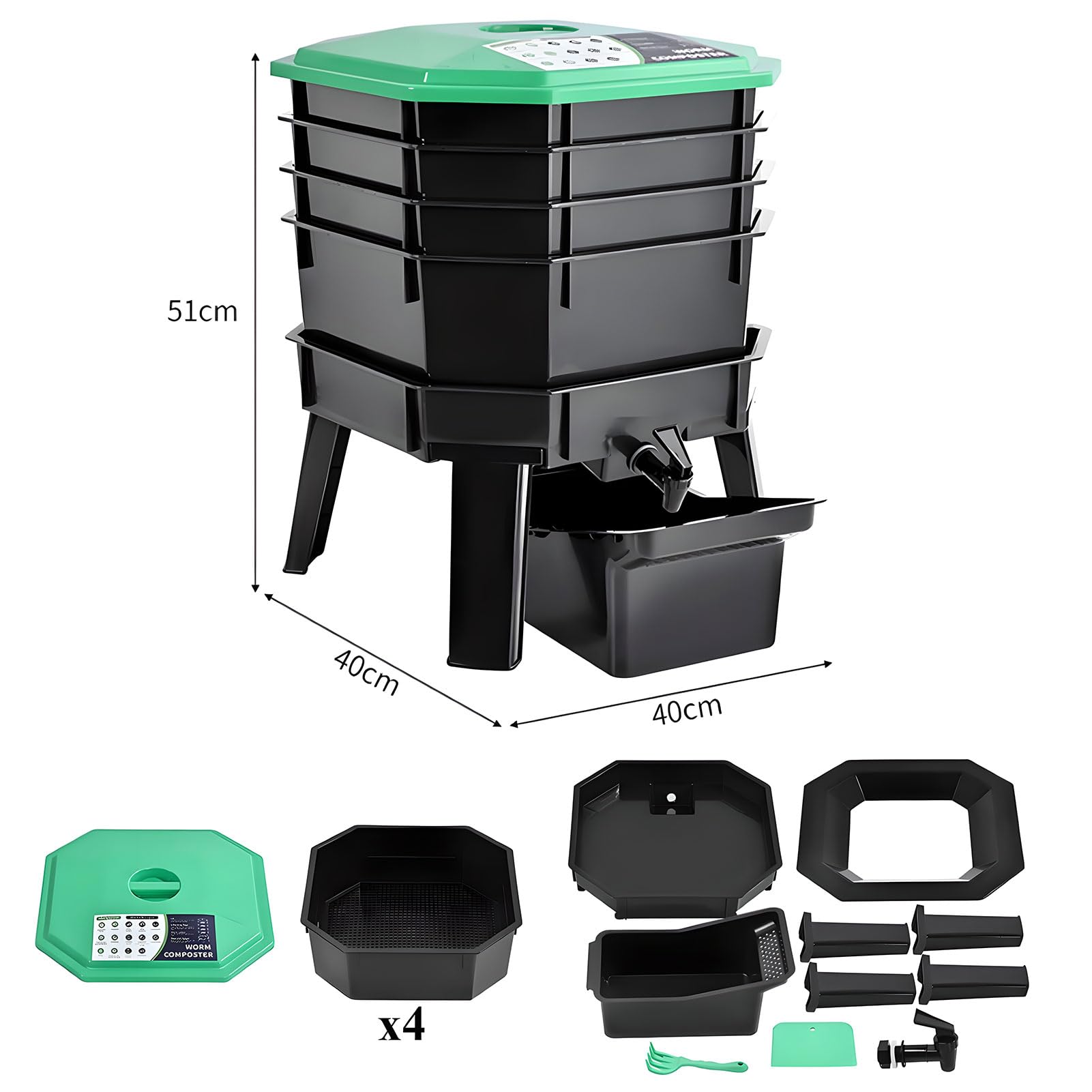 Wurm-Komposter-Set – 4-lagiger Gartenkomposteimer mit herausnehmbaren Tabletts, Belüftung und Wasserhahn-Design für effizientes Recycling von Gartenabfällen