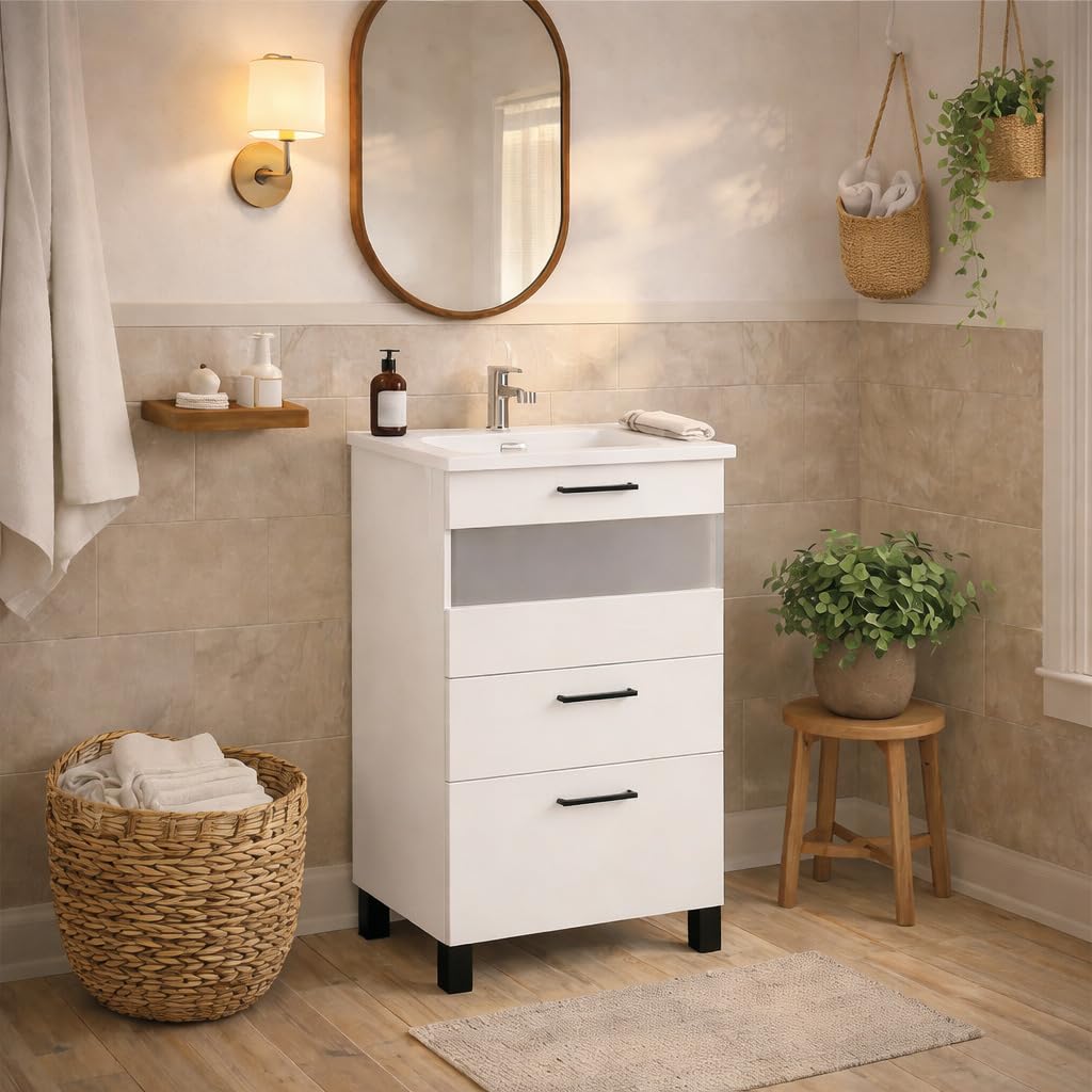 Baikal Mueble de Baño Win. Mueble MONTADO. 2 Cajones + Puerta Abatible con Vitrina. Patas Negras. Armario de Baño. Lavabo Ceramico. Altura 75cm. Fondo 39cm. Ancho 50cm Blanco