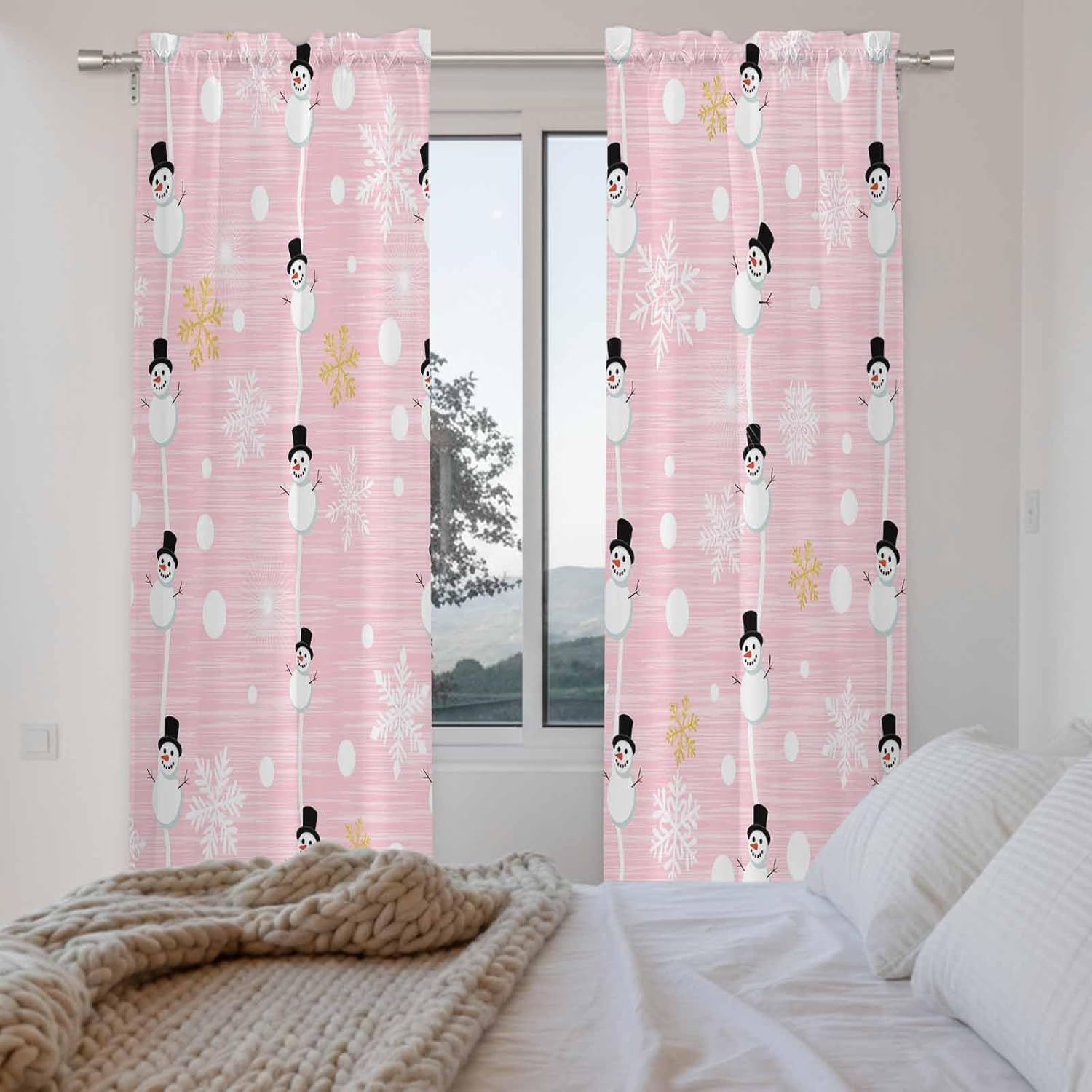 Christmas Snowman Pink Window Curtains 72 Inch Long 2 Panel Set, Rod Pocket Long Curtains & Drapes, Winter Snowflakes Xmas Retro Light Filtering Window Treatment for Bedroom Living Room 52"W x 72"L