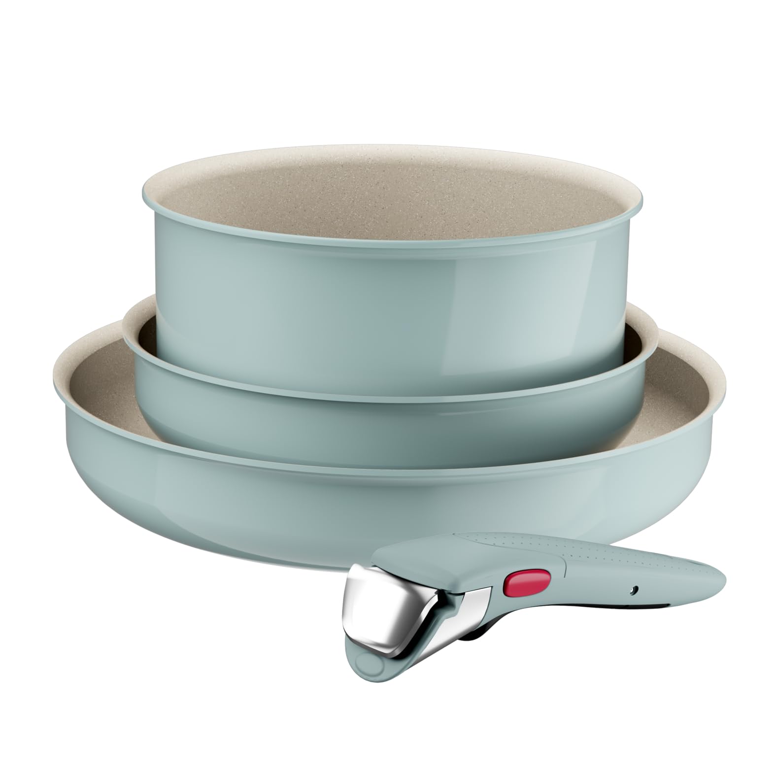 Lagostina Ingenio Pastel, Set di Padelle Antiaderenti 4 Pezzi con Manico Rimovibile, Compatibili con Induzione e Forno, Design Salvaspazio, Colore Salvia