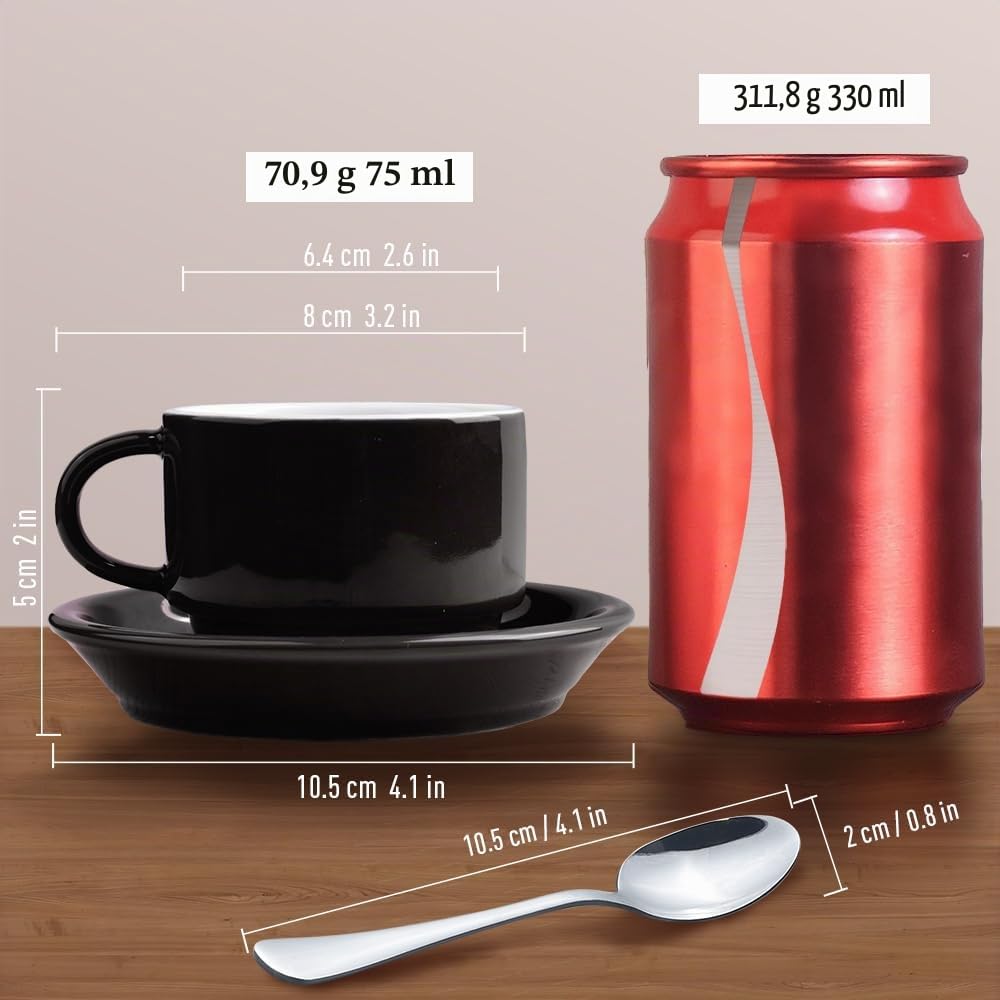 homEdge Juego de 4 tazas y platillos de café espresso prémium con cucharas de acero inoxidable para espresso, 2.5 onzas, color negro