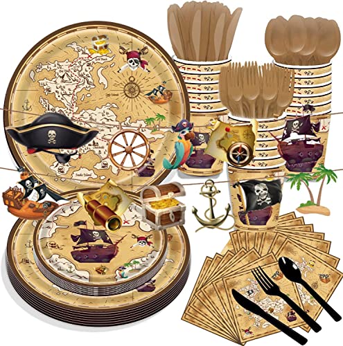 Luckkyy 81 Pieces Pirate Party Tableware Set Pirate Plates Pirate Birthday Party Supplies Paper Plates Napkins Set Re-Usable Dinnerware Tableware For For Baby Shower Birthday （Serves 10） #TOP10