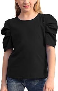 GORLYA Girl's Puff Sleeve Casual Solid T-Shirt Pullover Keyhole Back Blouse Tops for 4-14 Years