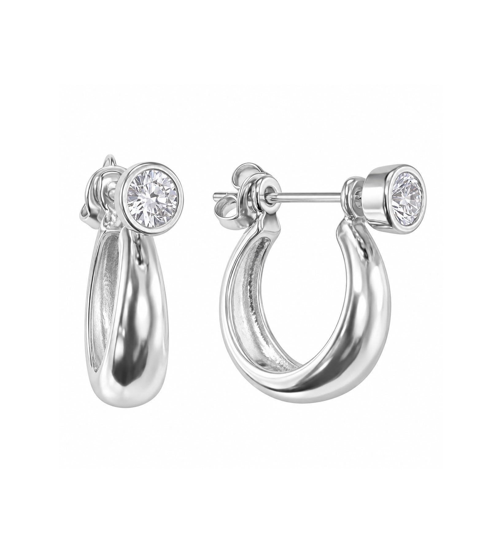 vama FASHIONS 18K Silver Plated Anti Tarnish Lightweight CZ Stone Studded Thick Huggie Hoop Earrings Chunky Round Push Back Kaju Bali Ear Piercings For Men-picture-11