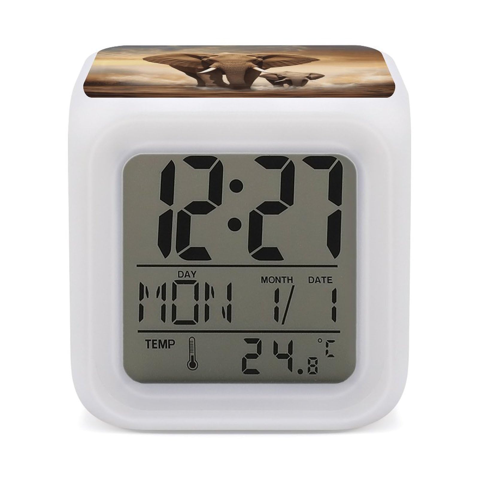 JTREHY Elephant and Baby Elephant Alarm Clock Digital Dimmable Clock for Bedroom LED Display Screen Mini Clocks 7 Color Dimmable Night Lights Time-to-Rise Alarm Clocks for Office Living Room