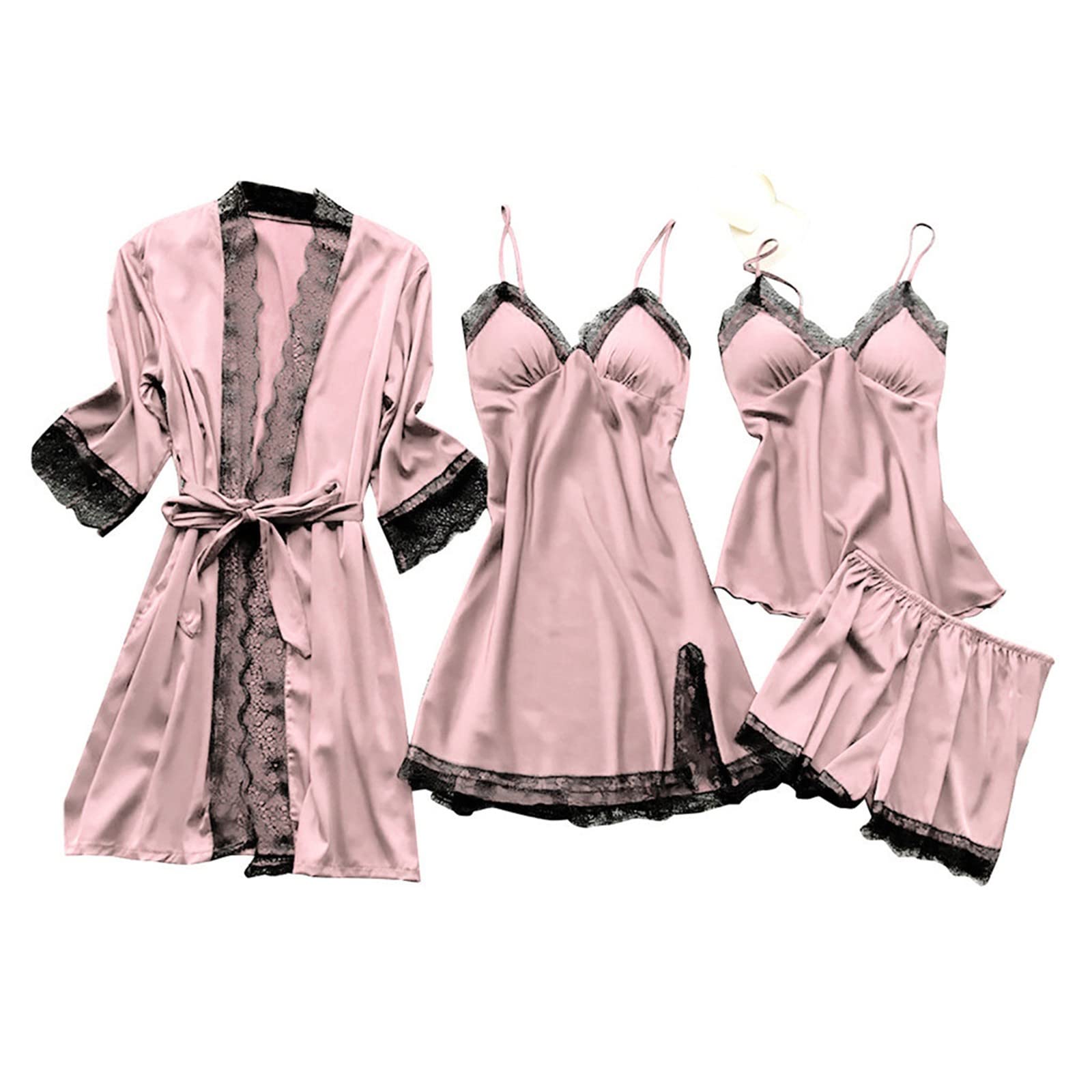 Generic4 Piece Silk Pyjamas For Women Uk Kimono Brandy Longewear For Ladies 4Pcs Lace Sleepwear Sets Lingerie Robe With Belt Nightgown Silky Short Pants Comfy Casual Homewear Sets Nightdress Underwear