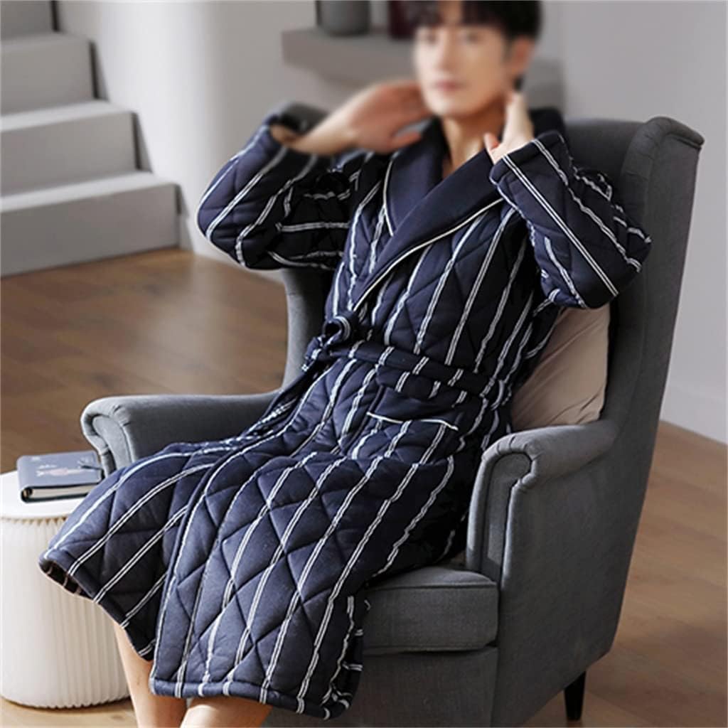 Thick 3-layer Warm Winter Stripe Bathrobe Men's Soft Cotton Quilted Long Kimono Bathrobe