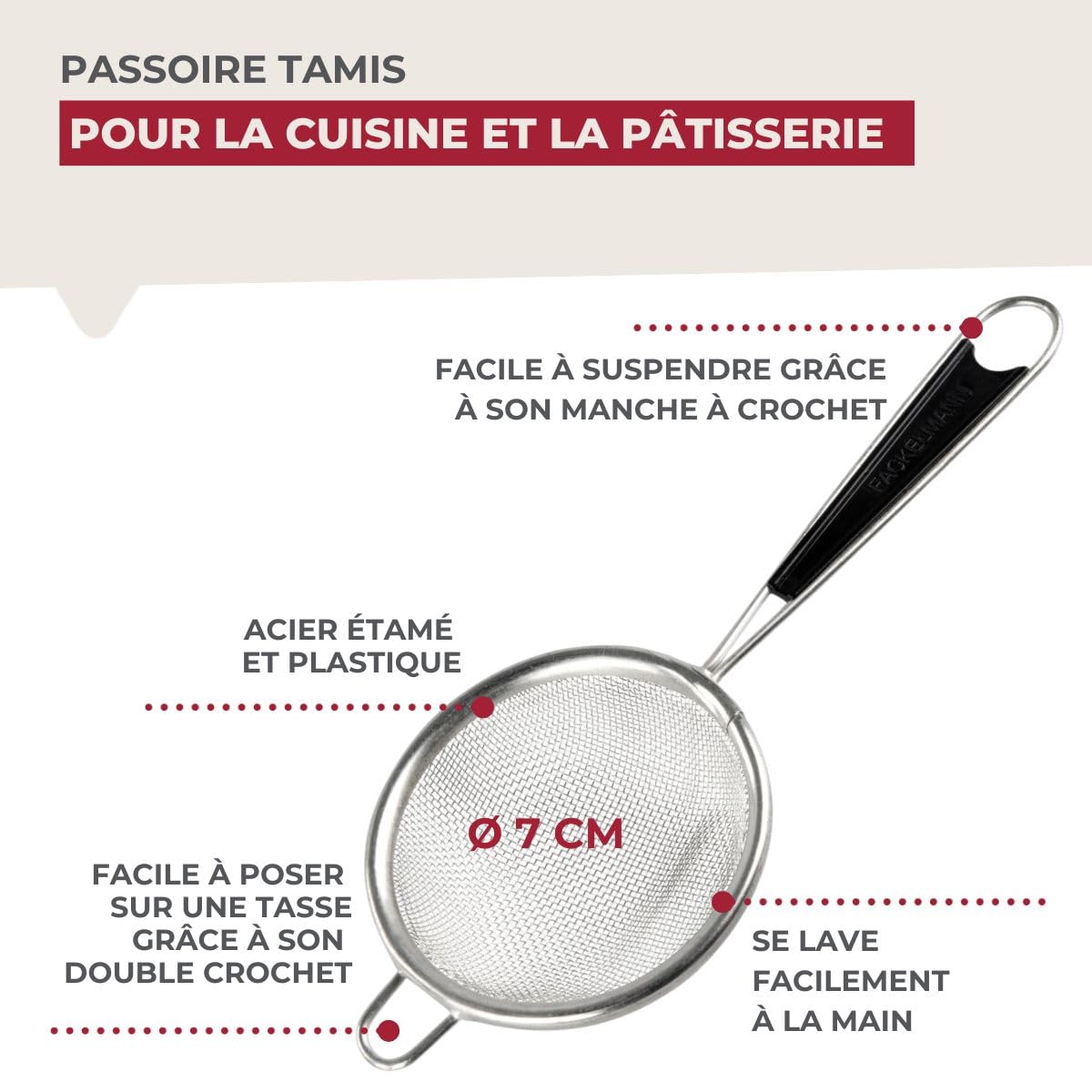 Fackelmann Petite passoire Chinois Tamis de Cuisine Acier Inoxydable Noir 7 cm
