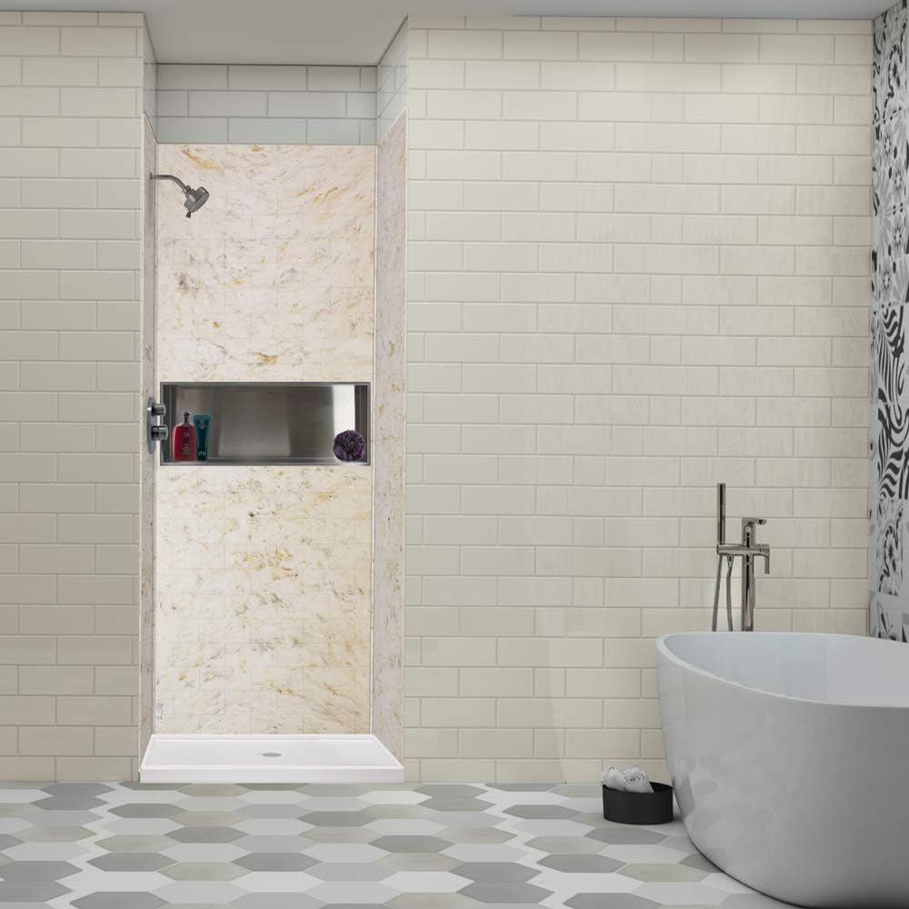 Transolid SWK363696-48 SaraMar 36-in X 36-in X 96-in Glue to Wall 3-Piece Shower Wall Kit, Biscotti Marble