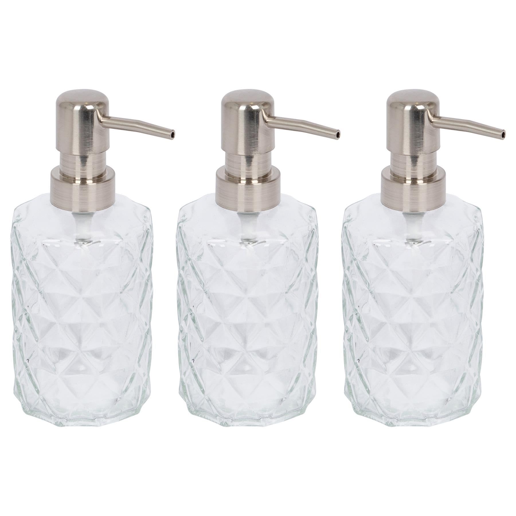 Harbour Housewares Transparent Prism Glass Soap Dispensers Pack Of 3-330Ml Diamond-Cut Refillable Bottles With Chrome Pumps - Bathroom Accessories For Hand Wash, Lotion Or Sanitiser