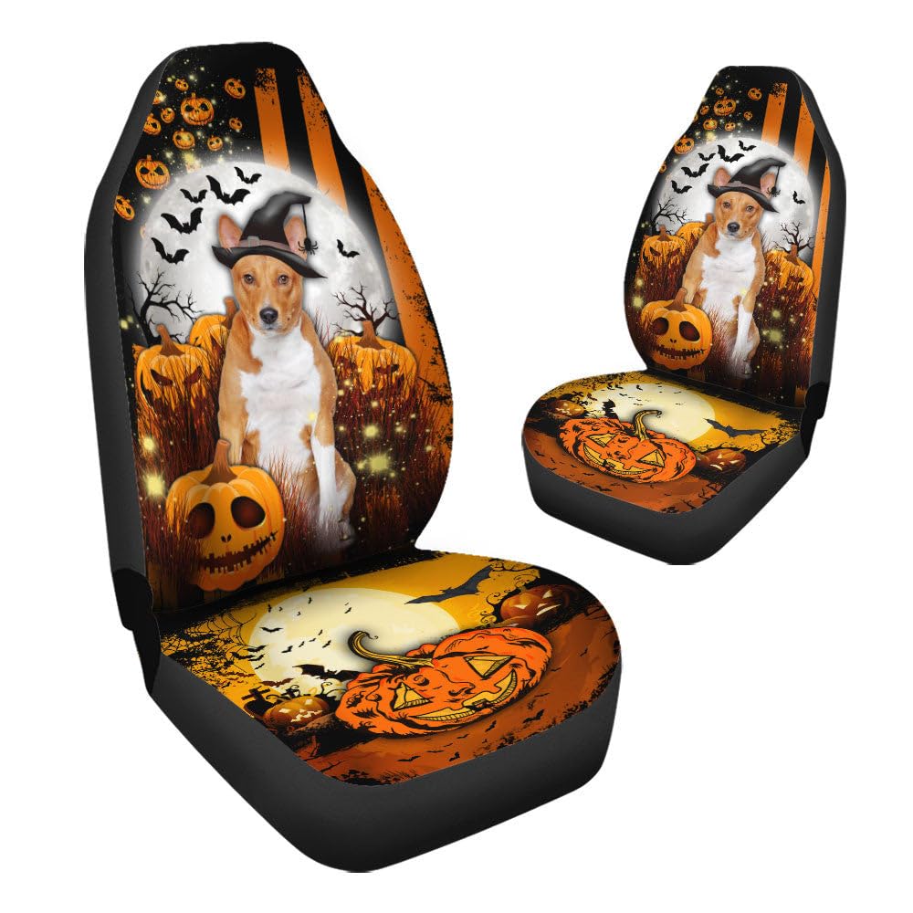 Zestaw 2 sztuk Ochraniacz Siedzenia Dynia Halloween Basenji Księżyc Przerażające Pokrowce Na Siedzenia Samochodowe Antypoślizgowe Pokrowce Na Przednie Siedzenia Do Sedanów, Pickup, 52X138Cm