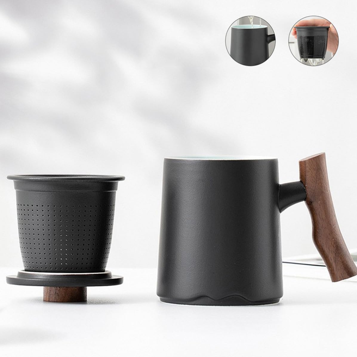 Happyyami Taza de Cerámica Negra con Filtro y Asa de Madera 360ml para Infusión de Té Fácil de Limpiar Diseño Elegante para Varias Ocasiones