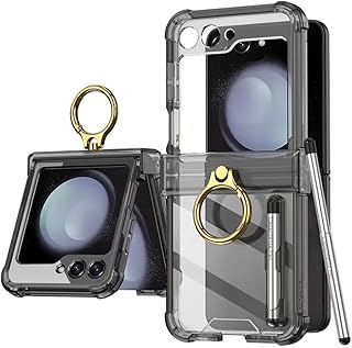 SHIEID Capa para Galaxy Z Flip 5, Capa para Galaxy Z Flip 5 com anel e caneta de capacitância capa protetora para Samsung Galaxy Z Flip 5, preto brilhante